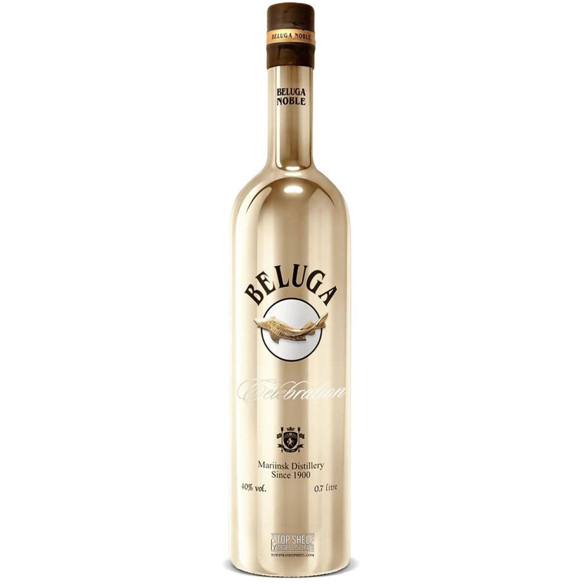 Beluga Noble Celebration Russian vodka in a gold bottle, honoring 115 years of Mariinsk distillery craftsmanship.