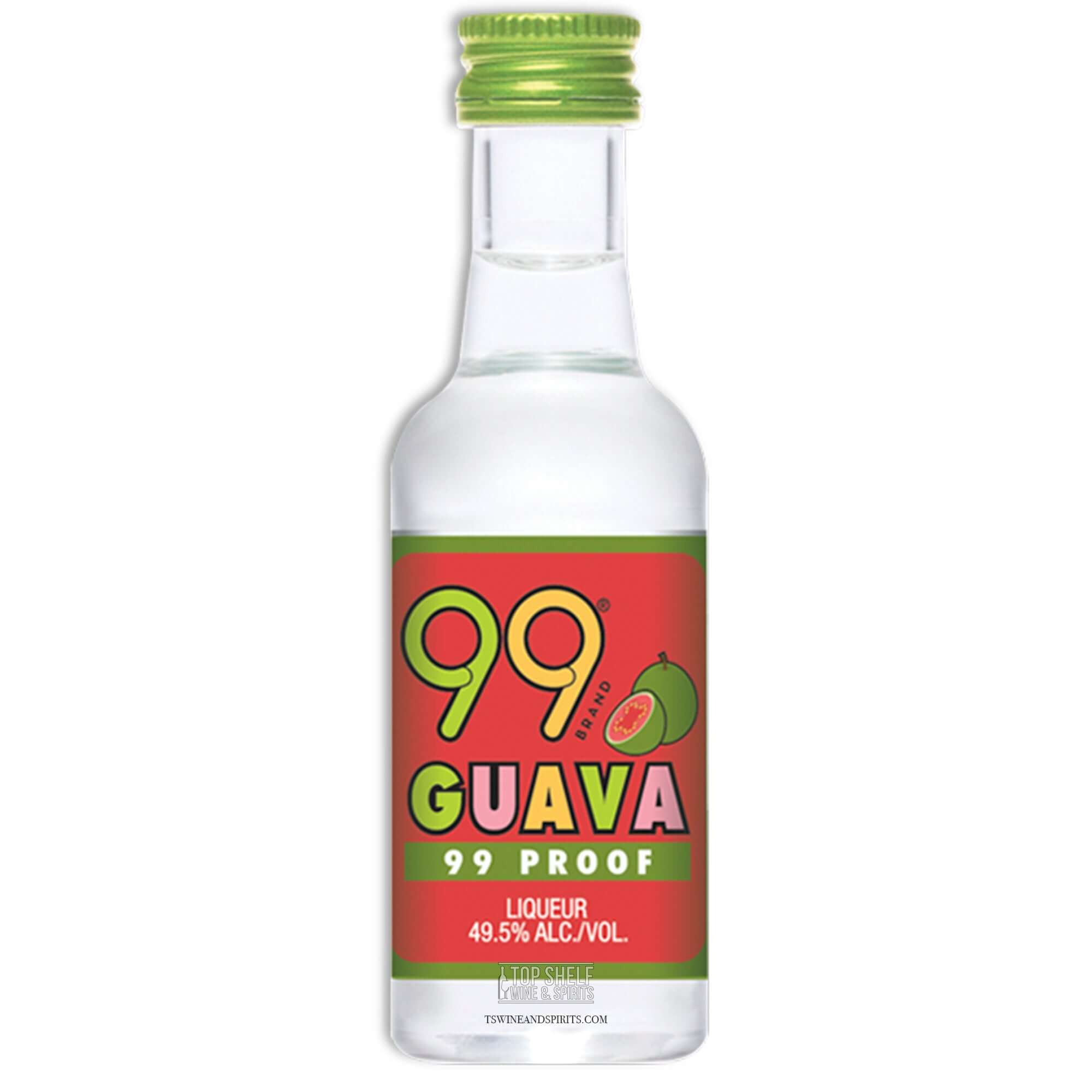 99 Brand Guava liqueur in a clear 50ml bottle, showcasing tropical flavor with 49.5% ABV for a refreshing experience.