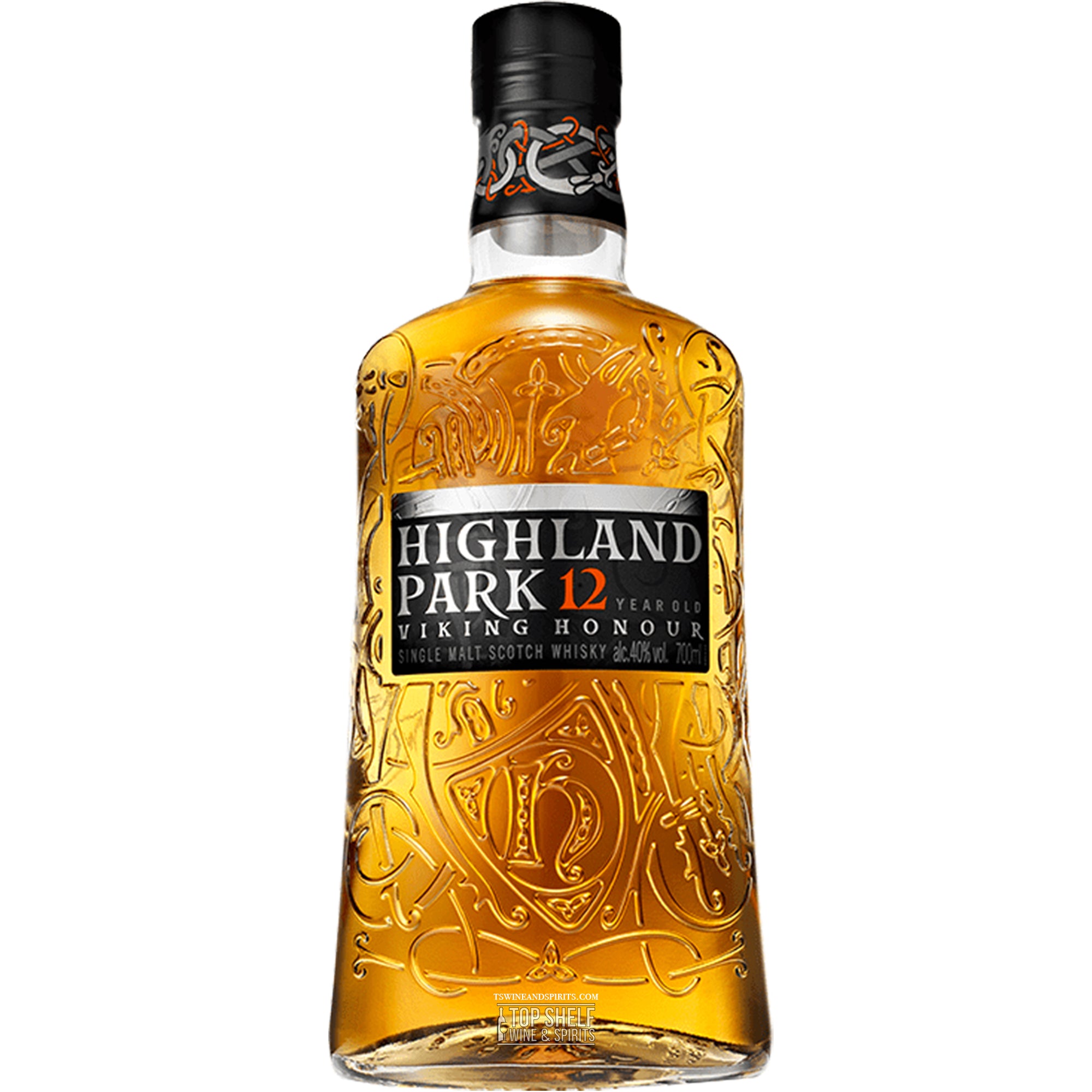 Highland Park 12 Year Old single malt whisky bottle showcasing its unique design and rich golden color.