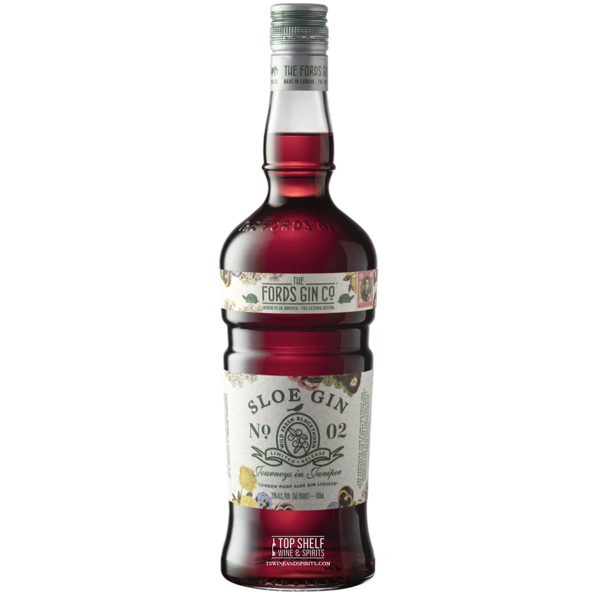 Bottle of Fords Sloe Gin, a liqueur blending London Dry Gin and sloe fruit, perfect for cocktails.