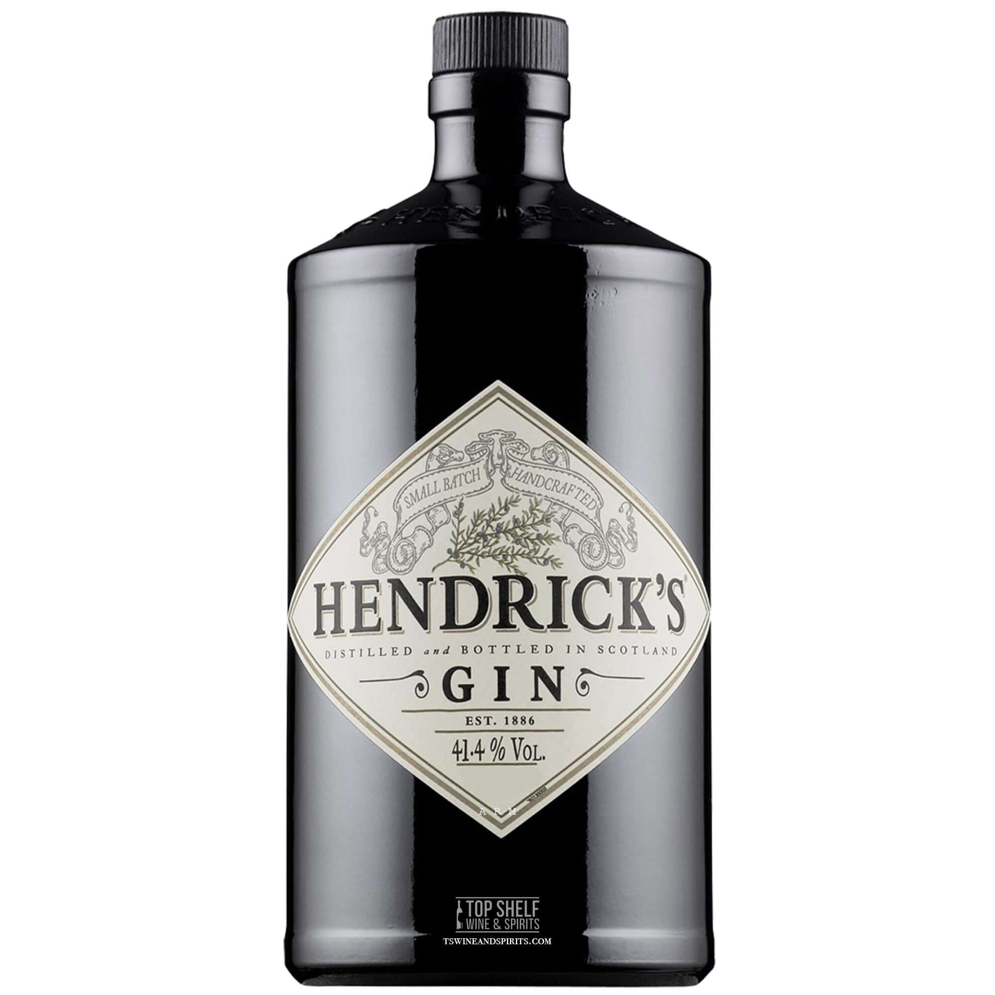 Bottled Hendrick's Scottish Gin featuring rose and cucumber essence, 41.4% ABV, crafted in Scotland.