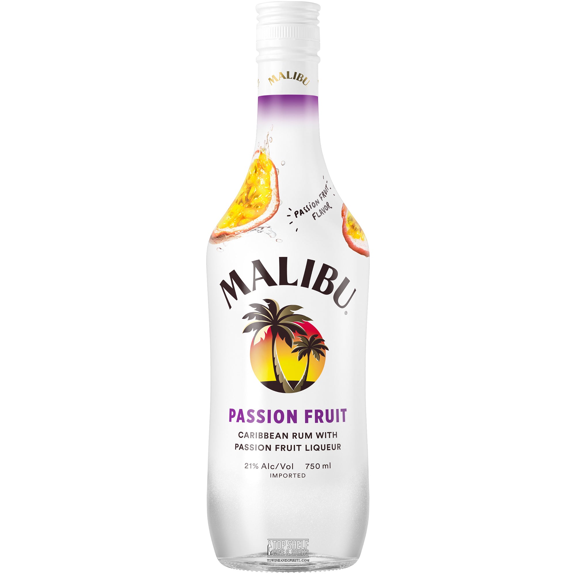 Malibu Passion Fruit rum bottle, 21% ABV, perfect for summer cocktails and refreshing drinks with friends.