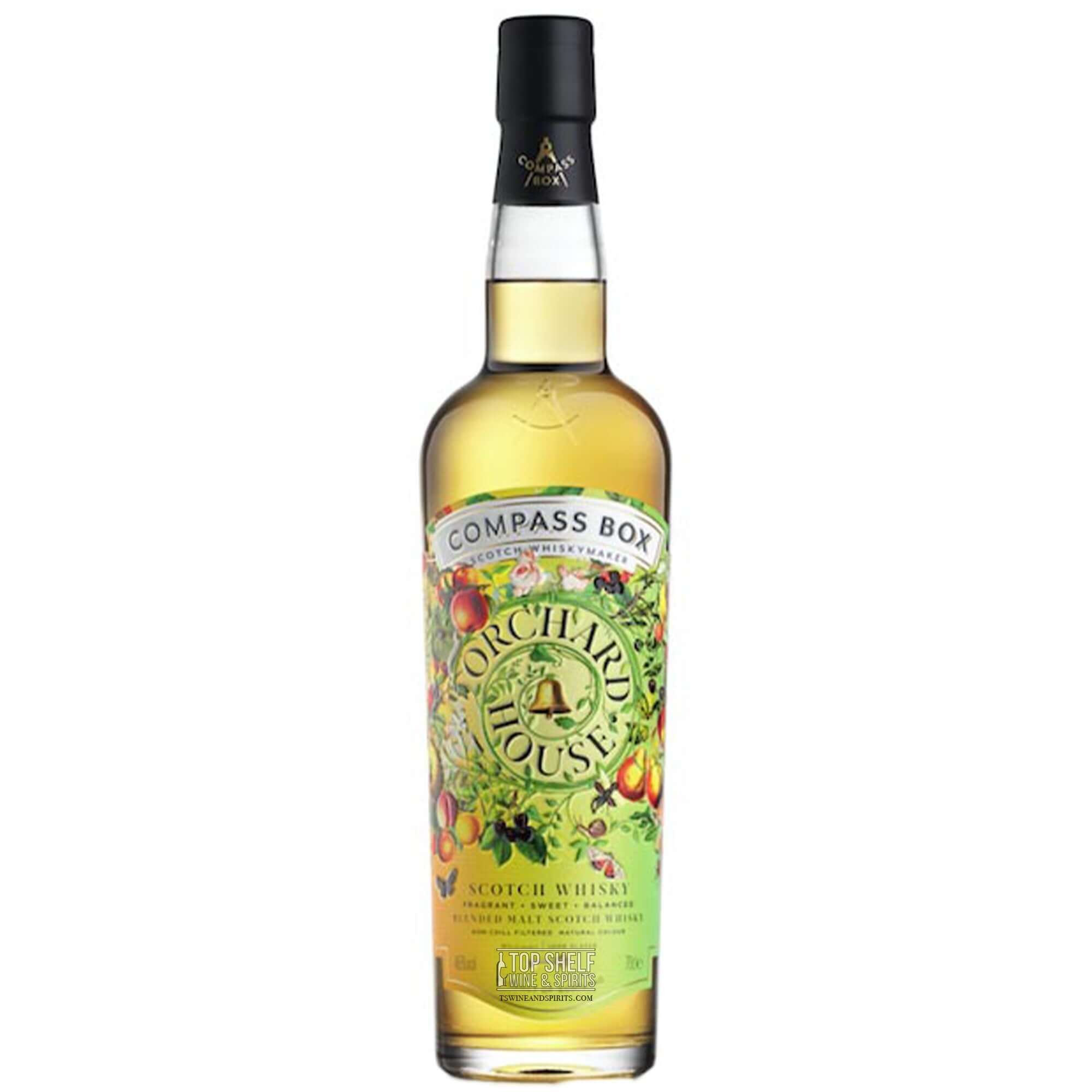 Compass Box Orchard House Scotch Whisky bottle with vibrant fruit design, showcasing blended malts from Scotland.