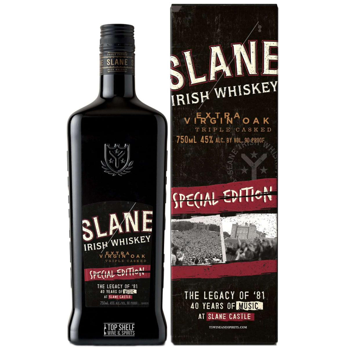 Slane Irish Whiskey Extra Virgin Oak Triple Casked Special Edition Legacy of 81 40th Anniversary bottle and packaging.