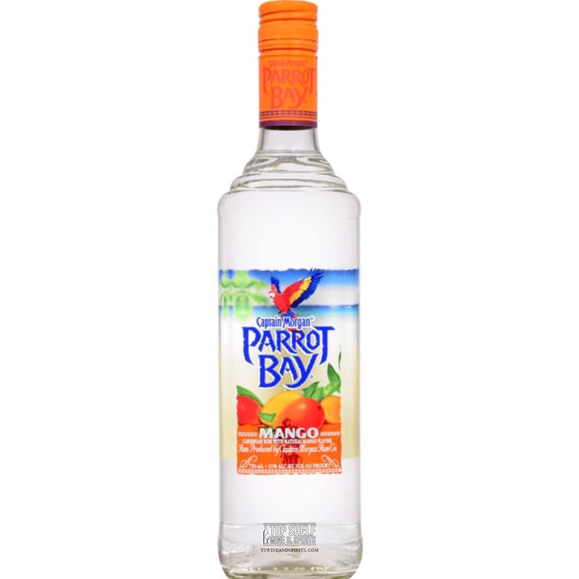 Parrot Bay Mango Rum bottle featuring vibrant design, crafted Caribbean rum with natural mango flavors.