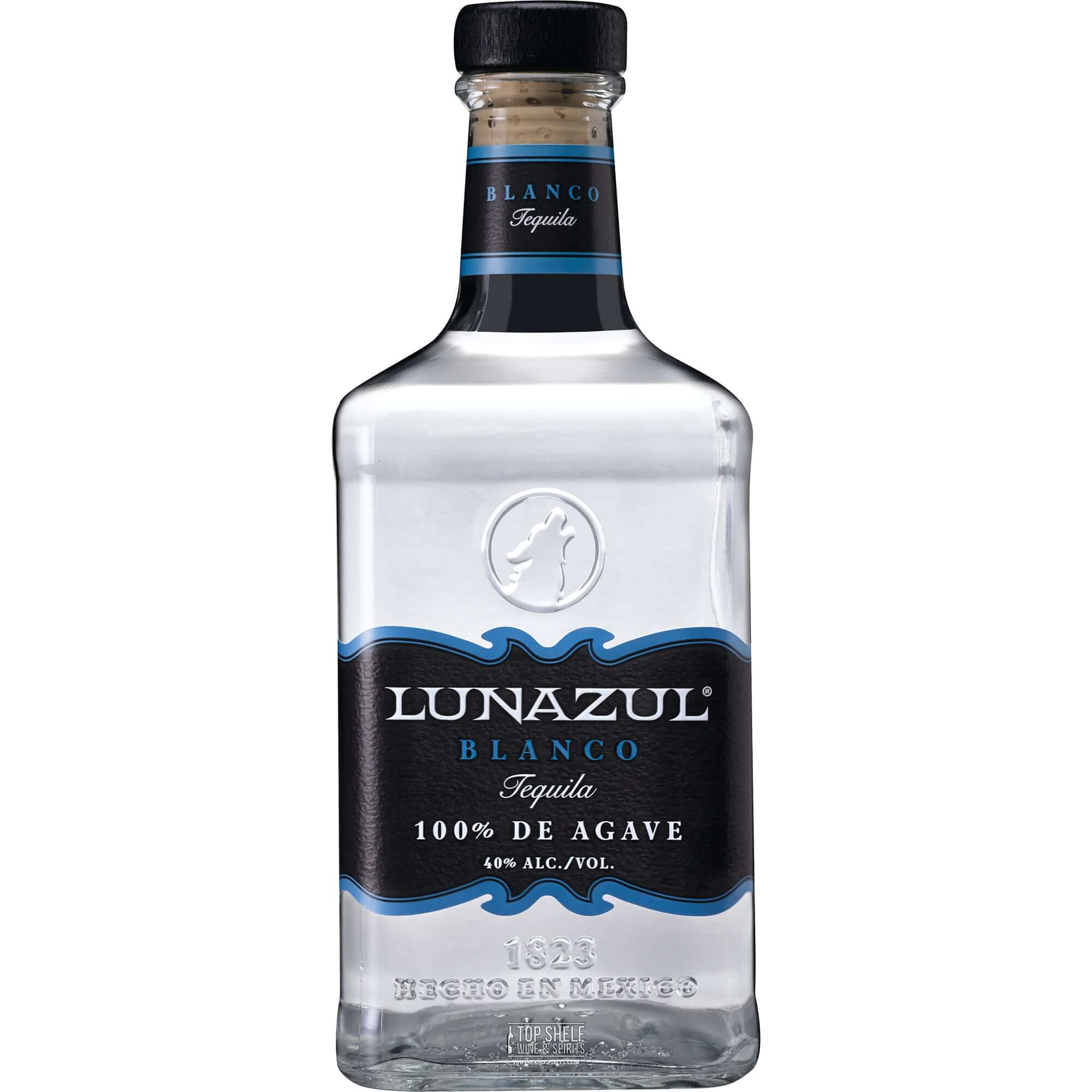 Lunazul Blanco Tequila bottle showcasing clear liquid, 100% agave, with fruity aroma and a smooth finish.