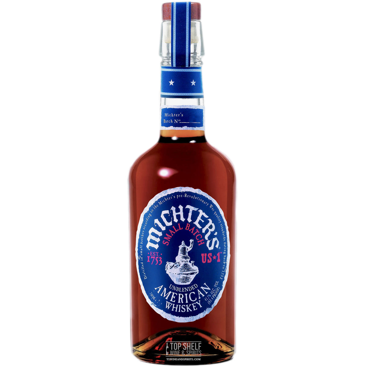 Michter's Small Batch Unblended American Whiskey bottle, showcasing rich color and unique flavor, aged in whiskey-soaked barrels.