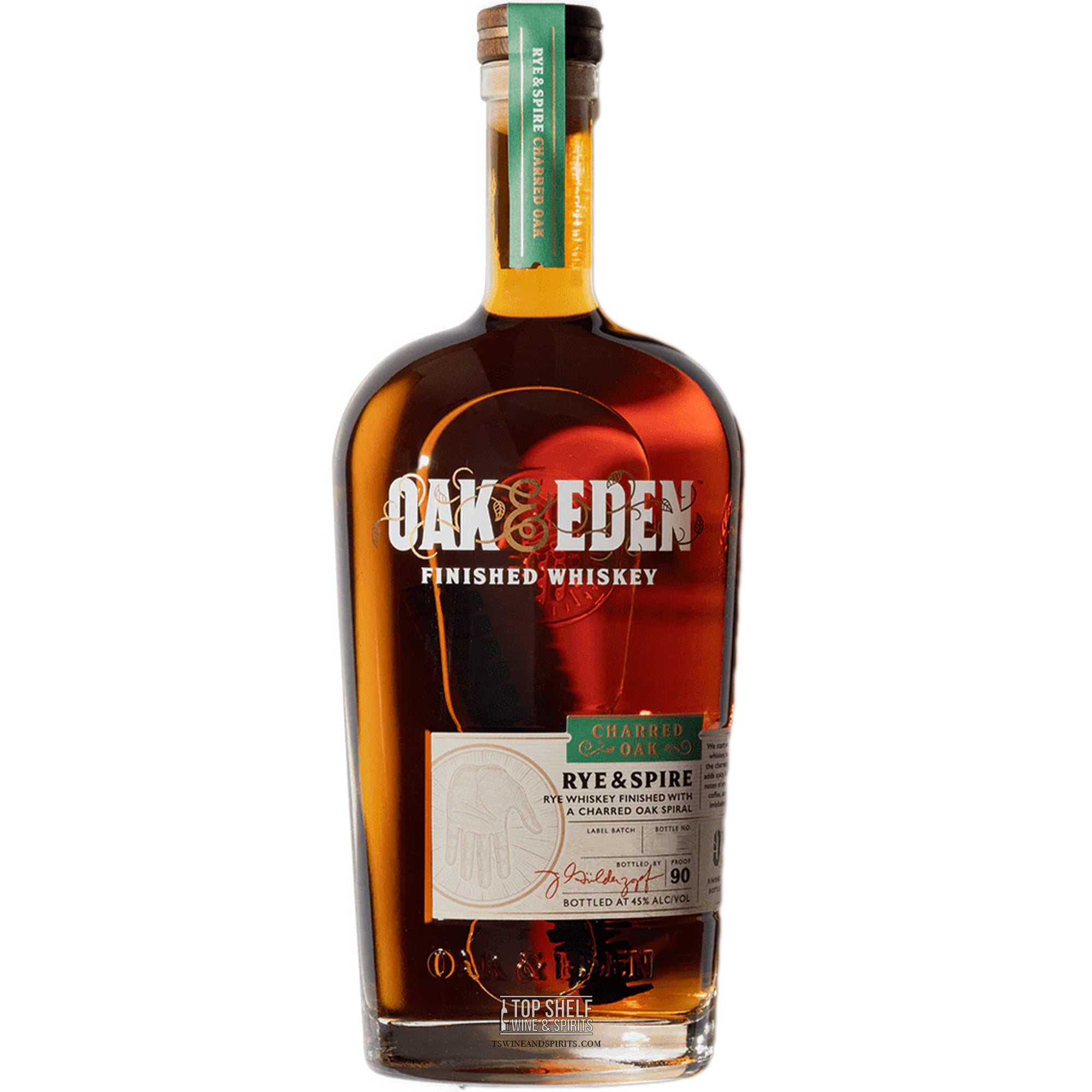 Oak & Eden Rye & Spire whiskey bottle showcasing charred American Oak spire finish, rich flavor and depth.