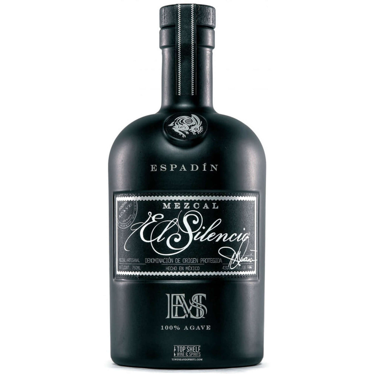 El Silencio Espadín Mezcal in a sleek black bottle, crafted for cocktails or sipping, showcasing bold flavors.