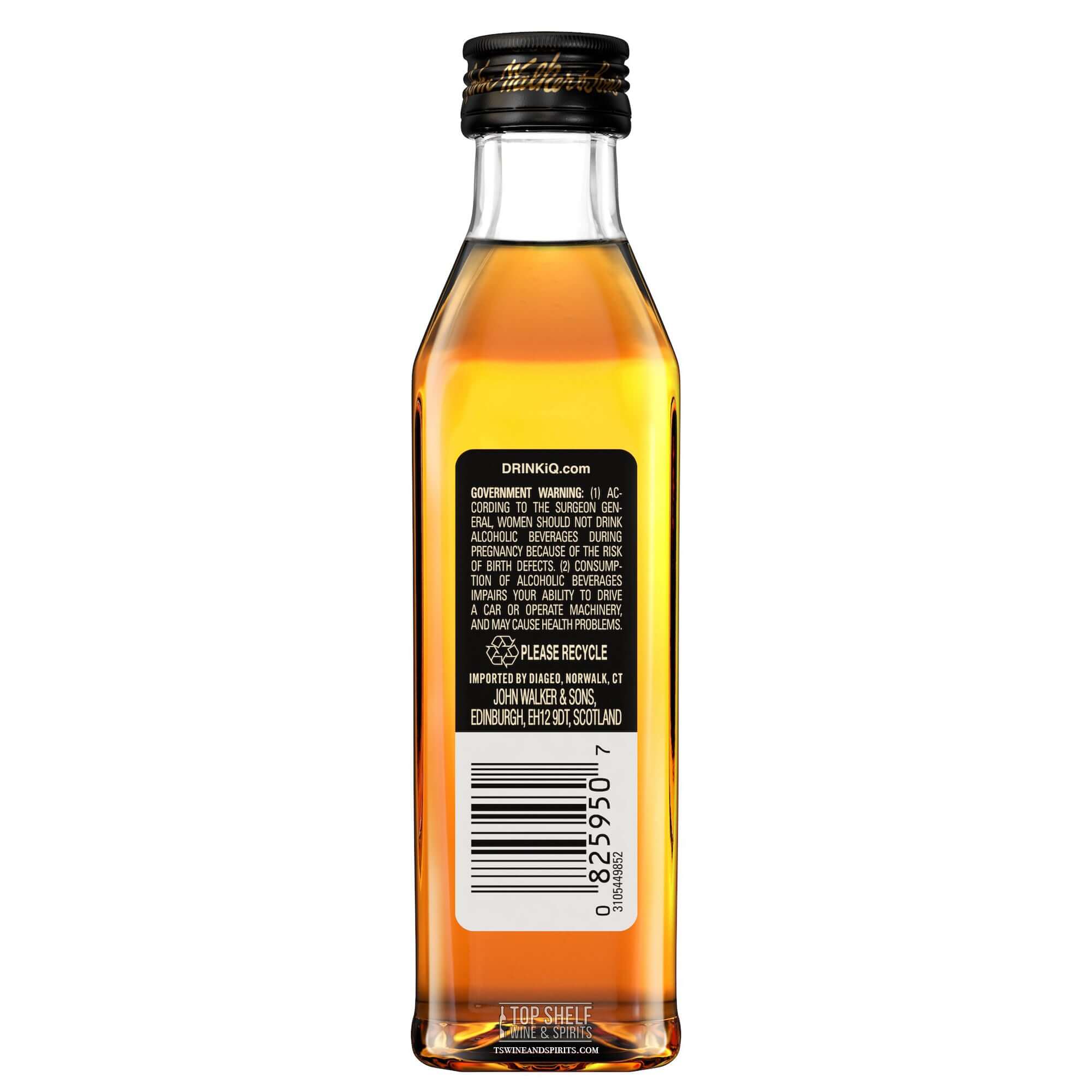 Rear view of Johnnie Walker Black Label 50ml bottle showcasing label and contents.