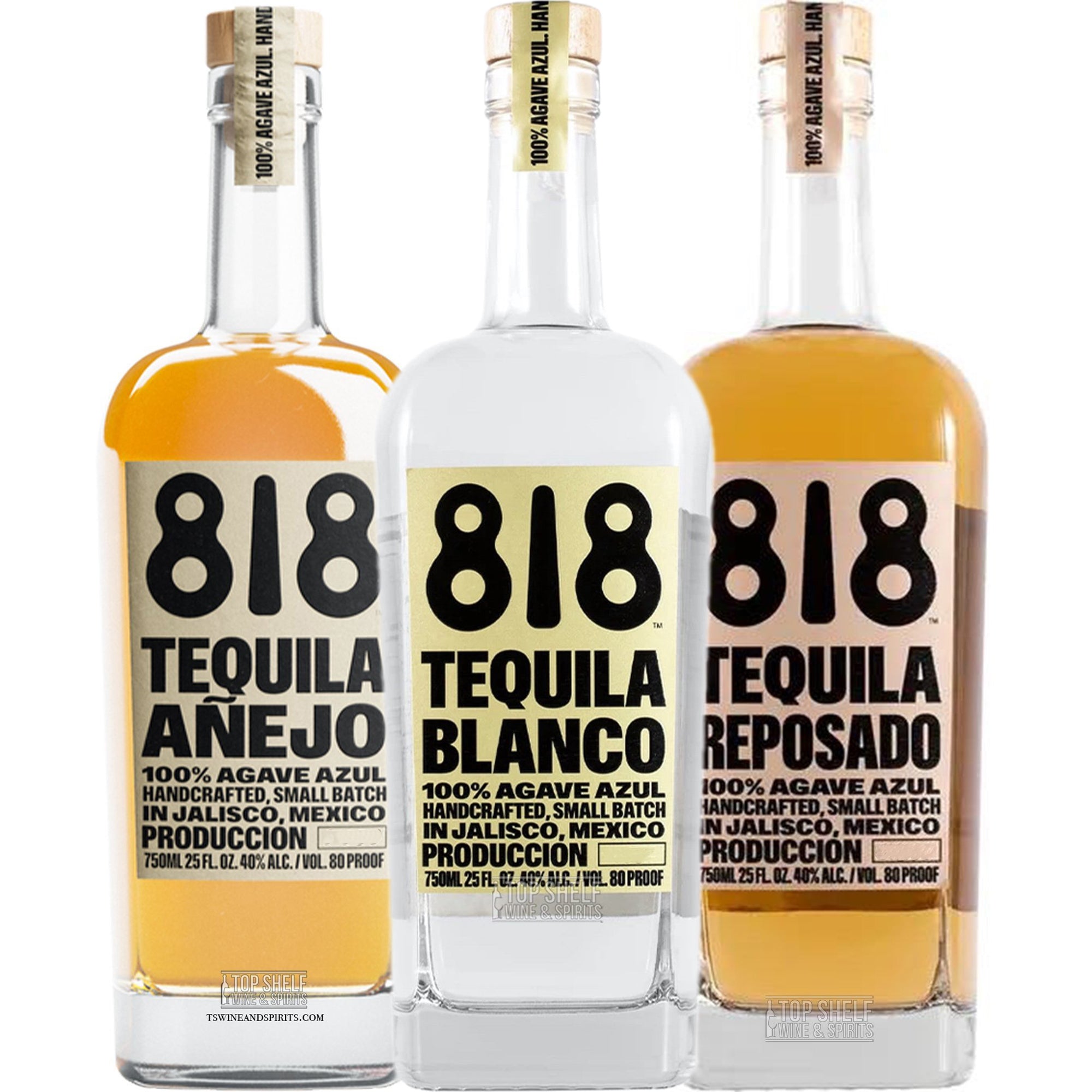 818 Tequila Collection featuring Añejo, Blanco, and Reposado bottles, crafted in Jalisco, Mexico.