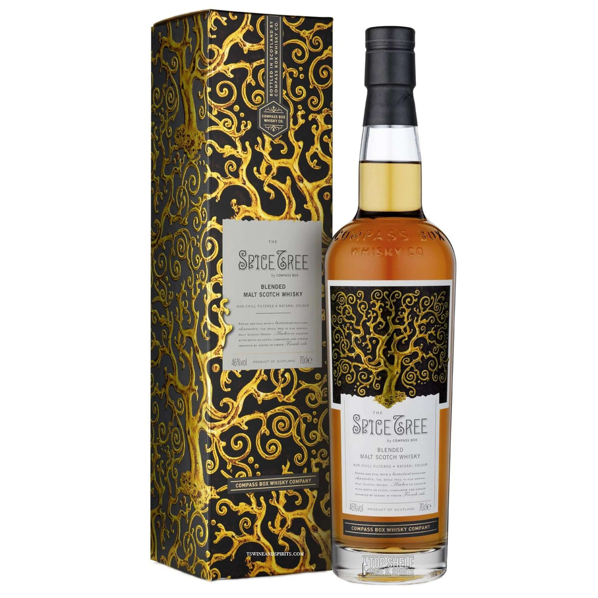 Compass Box Spice Tree Scotch whisky bottle with ornate packaging design, showcasing unique oak-aging process.