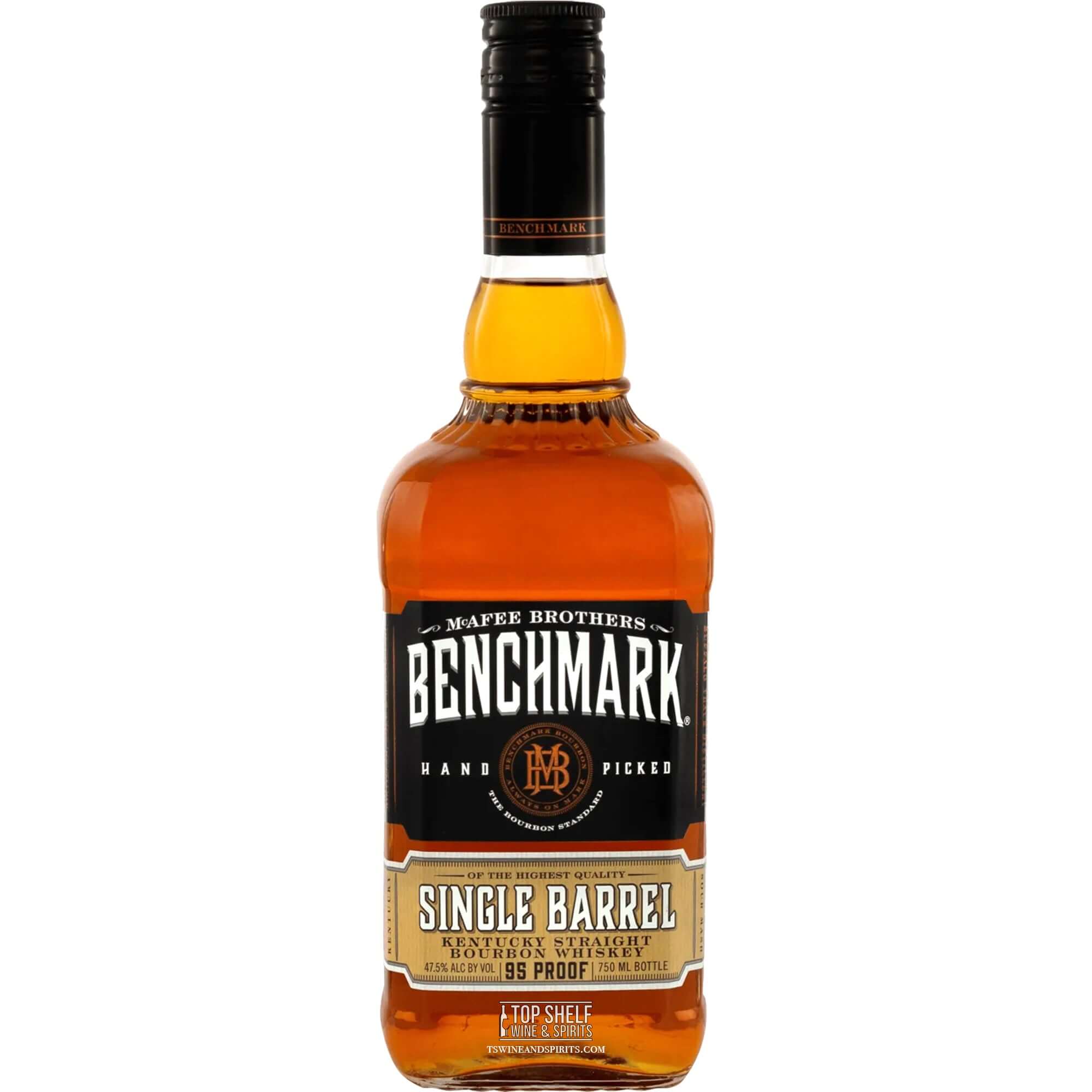 Bottle of Benchmark Single Barrel Bourbon, Kentucky Straight Whiskey, 95 proof, with notes of oak, caramel, and citrus.