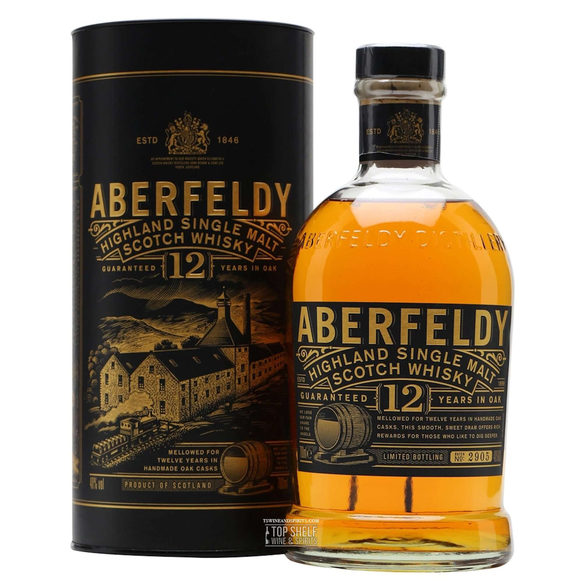 Aberfeldy 12 Year Highland Single Malt Scotch Whisky bottle and packaging showcasing its rich golden color and heritage.