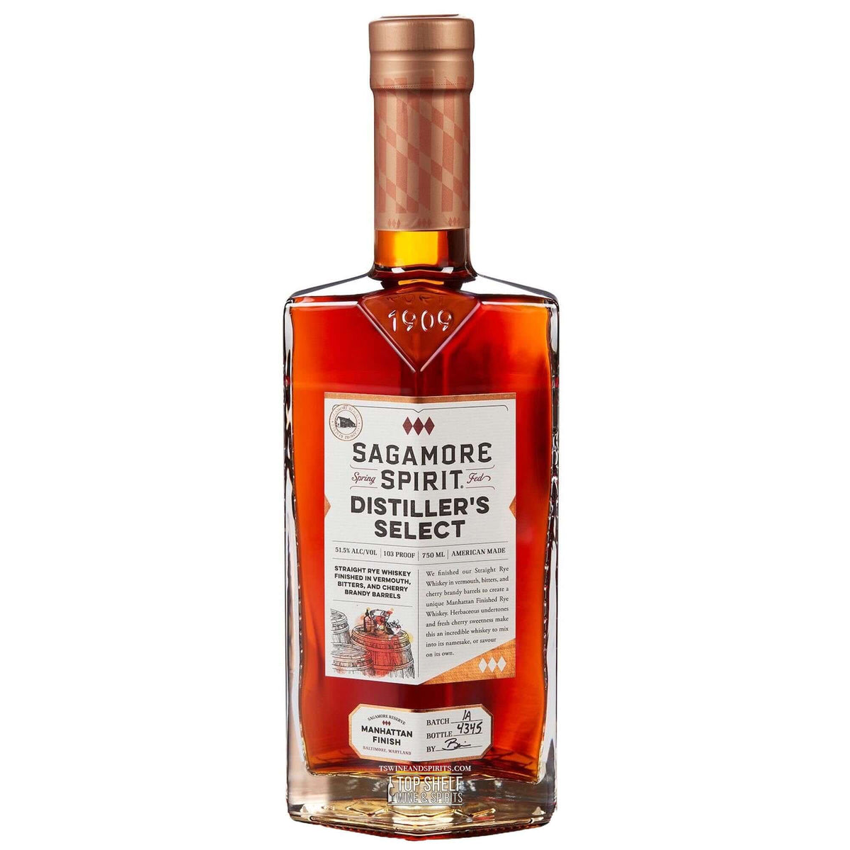 Sagamore Distillers Select Manhattan Finish Rye Whiskey bottle showcasing its unique design and label.