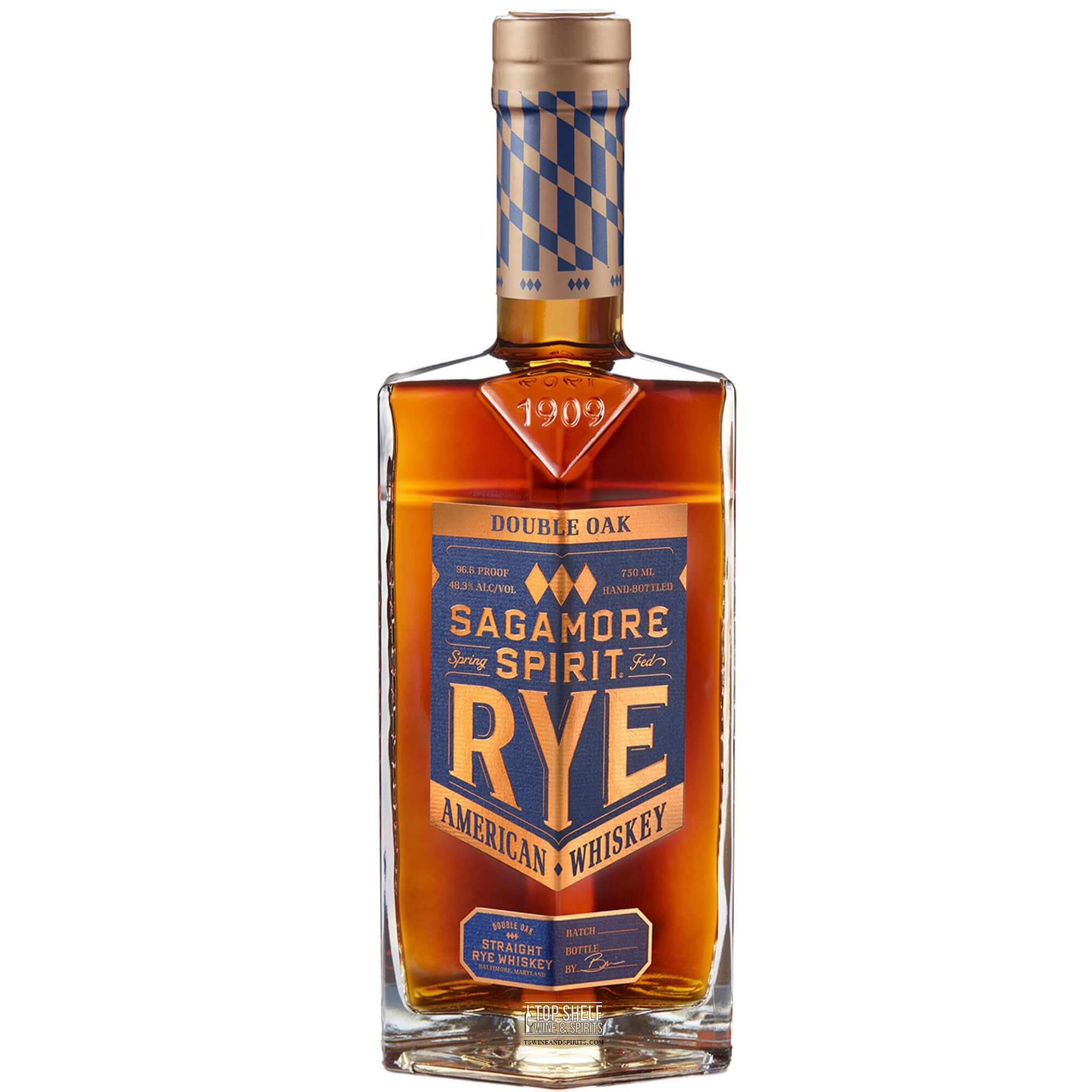 Sagamore Spirit Double Oak Rye Whiskey bottle showcasing its rich amber color and distinctive label design.