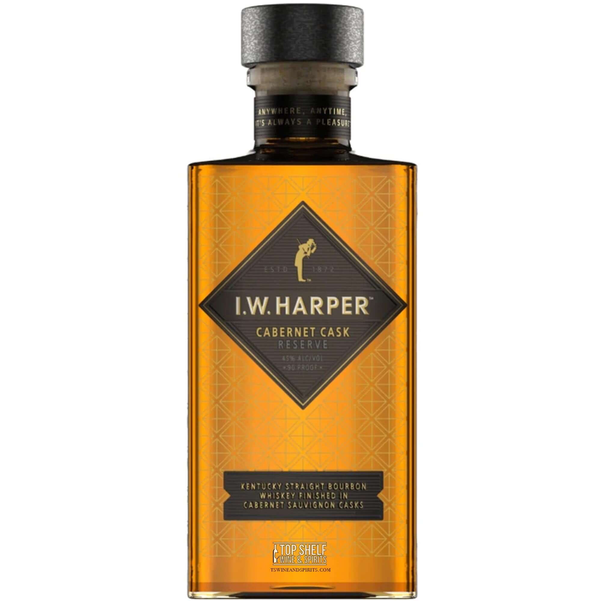 I.W. Harper Cabernet Cask Reserve bourbon bottle showcasing its elegant design and rich amber color.