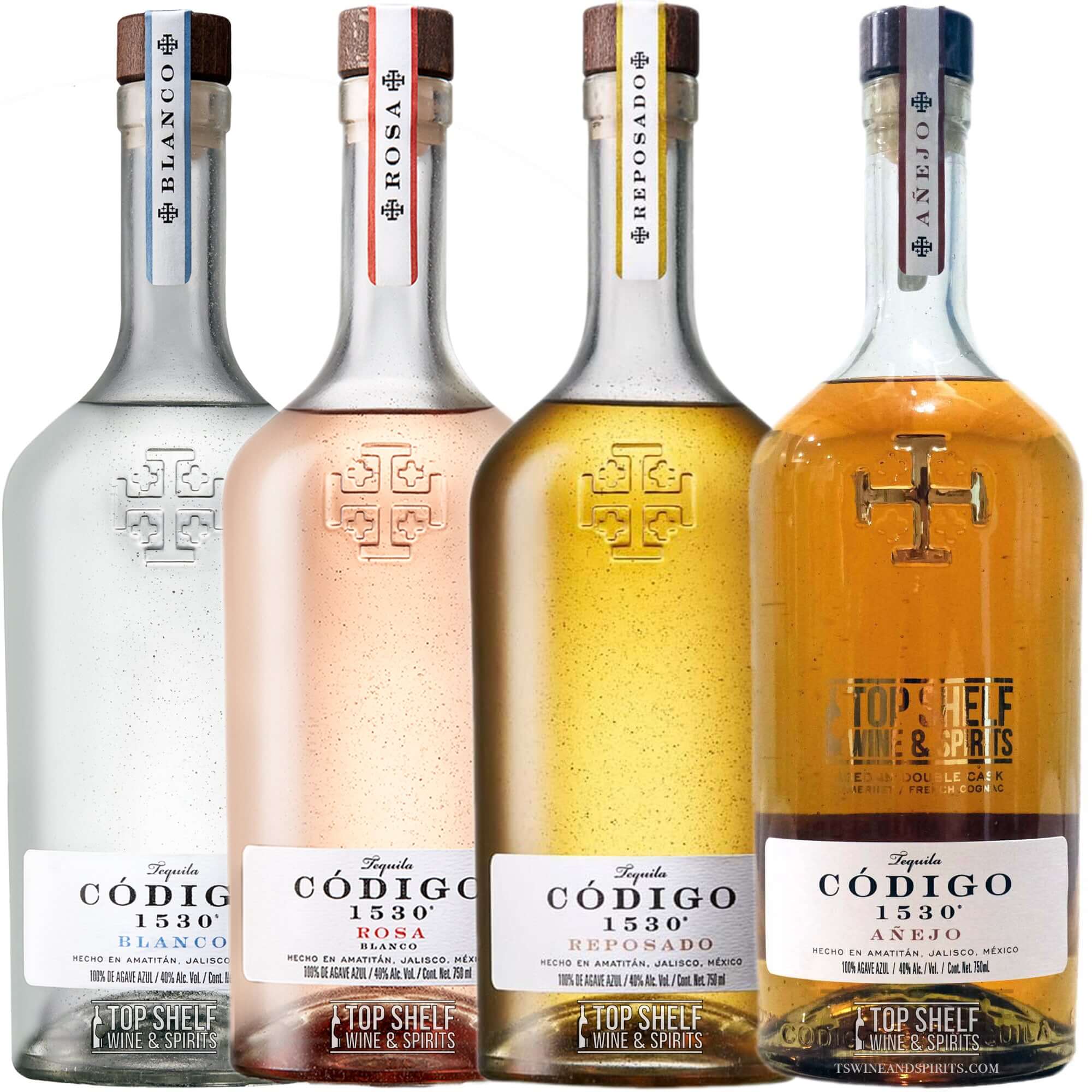 Código 1530 Top Shelf Collection featuring Blanco, Rosa, Reposado, and Añejo tequila bottles.