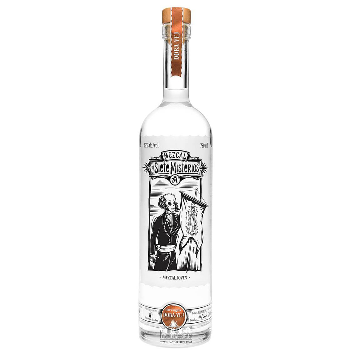 Bottle of Siete Misterios Mezcal Doba-Yej, showcasing its unique label and clear spirit, representing fruity floral notes.