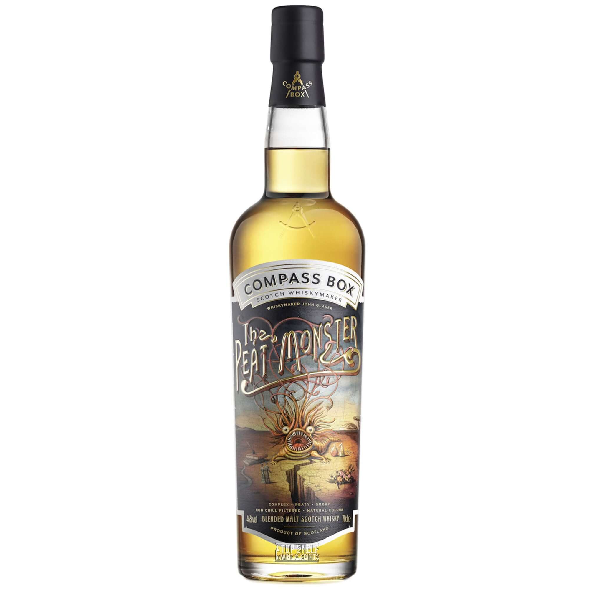 Compass Box The Peat Monster Scotch whisky bottle with artistic label featuring coastal imagery and peaty flavors.