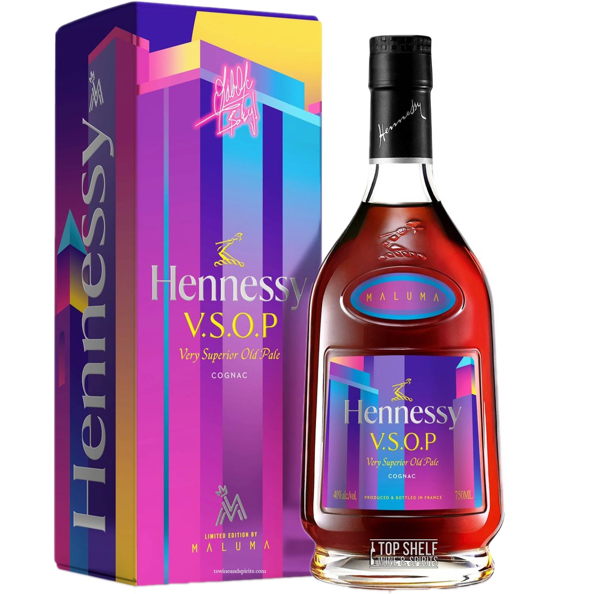 Hennessy V.S.O.P cognac bottle with vibrant packaging by Maluma, showcasing luxury and craftsmanship.