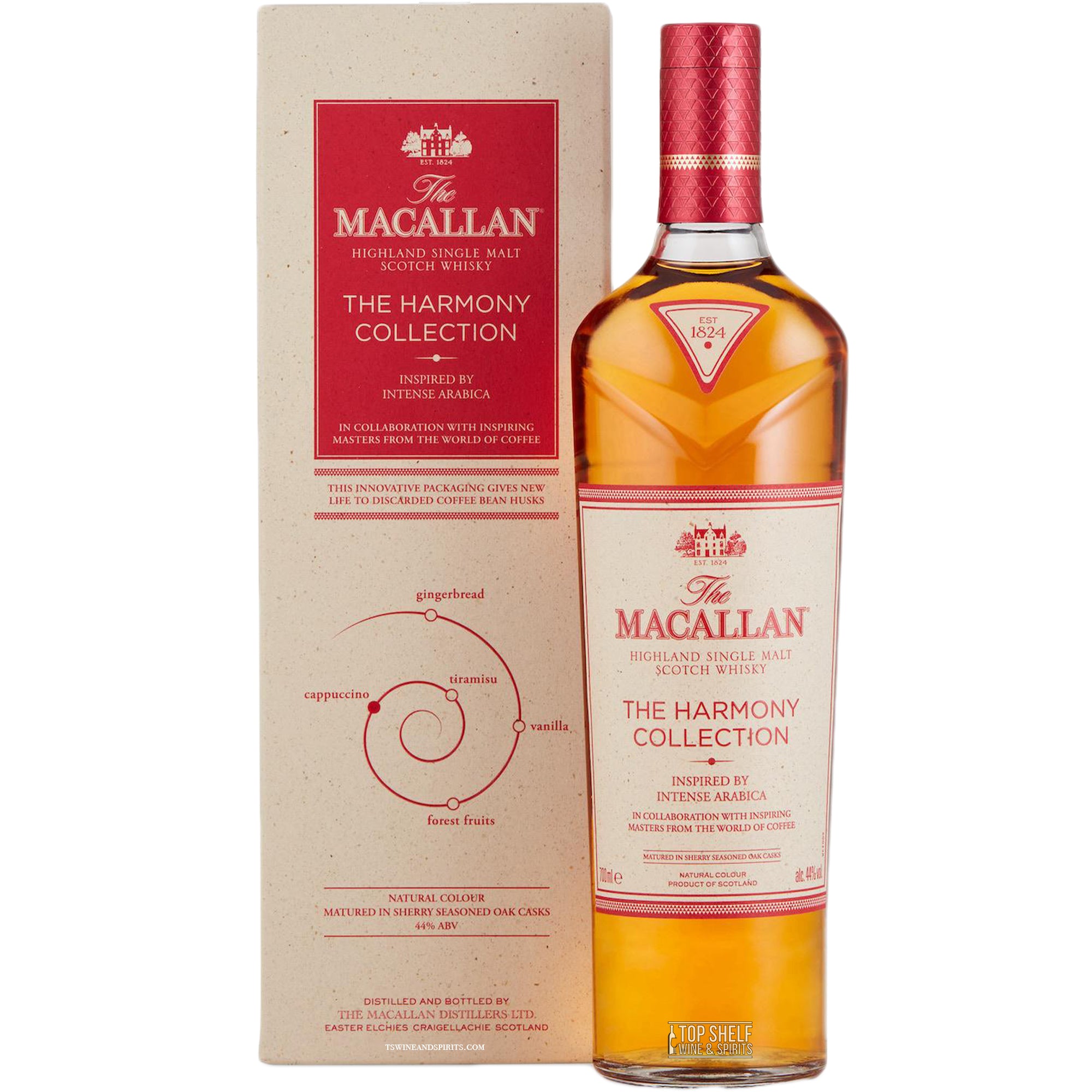 The Macallan Harmony Collection Inspired by Intense Arabica single malt whisky in elegant packaging.