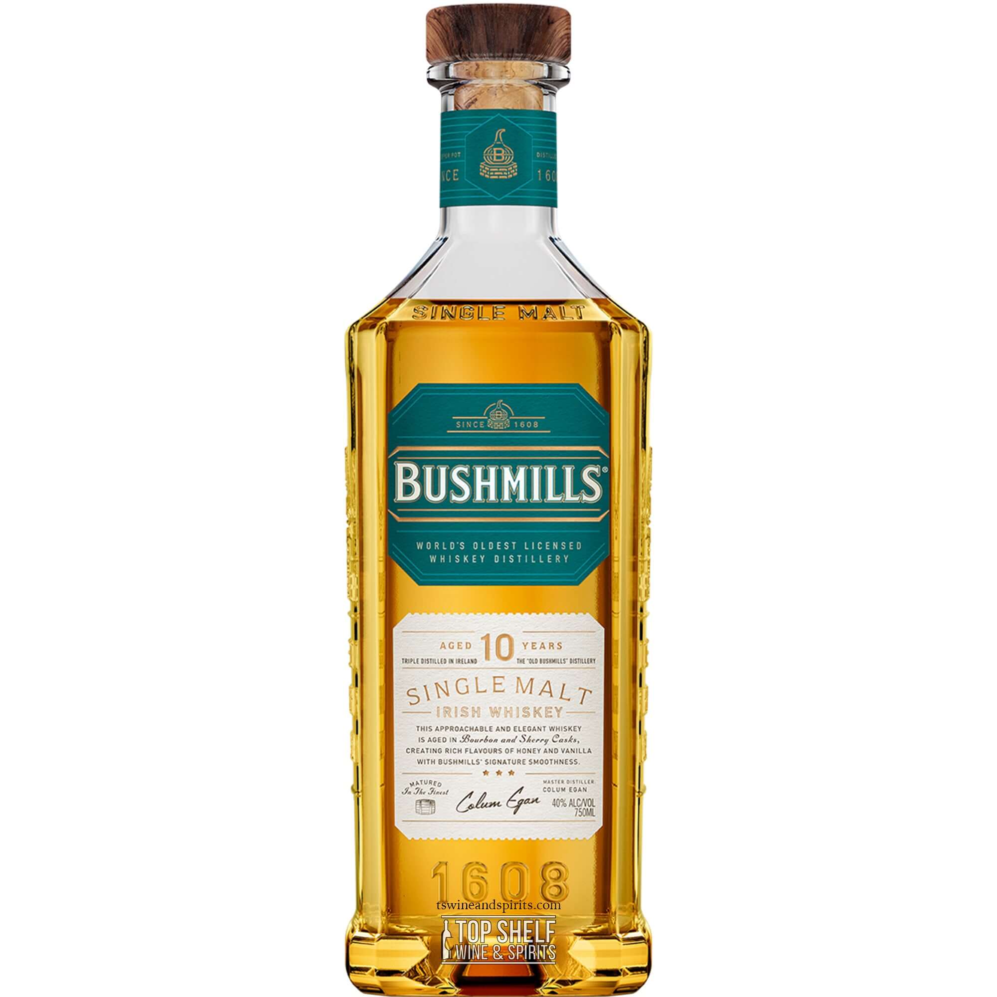 Bushmills 10 Year Single Malt Irish Whiskey bottle with honey, vanilla, and chocolate aromas.