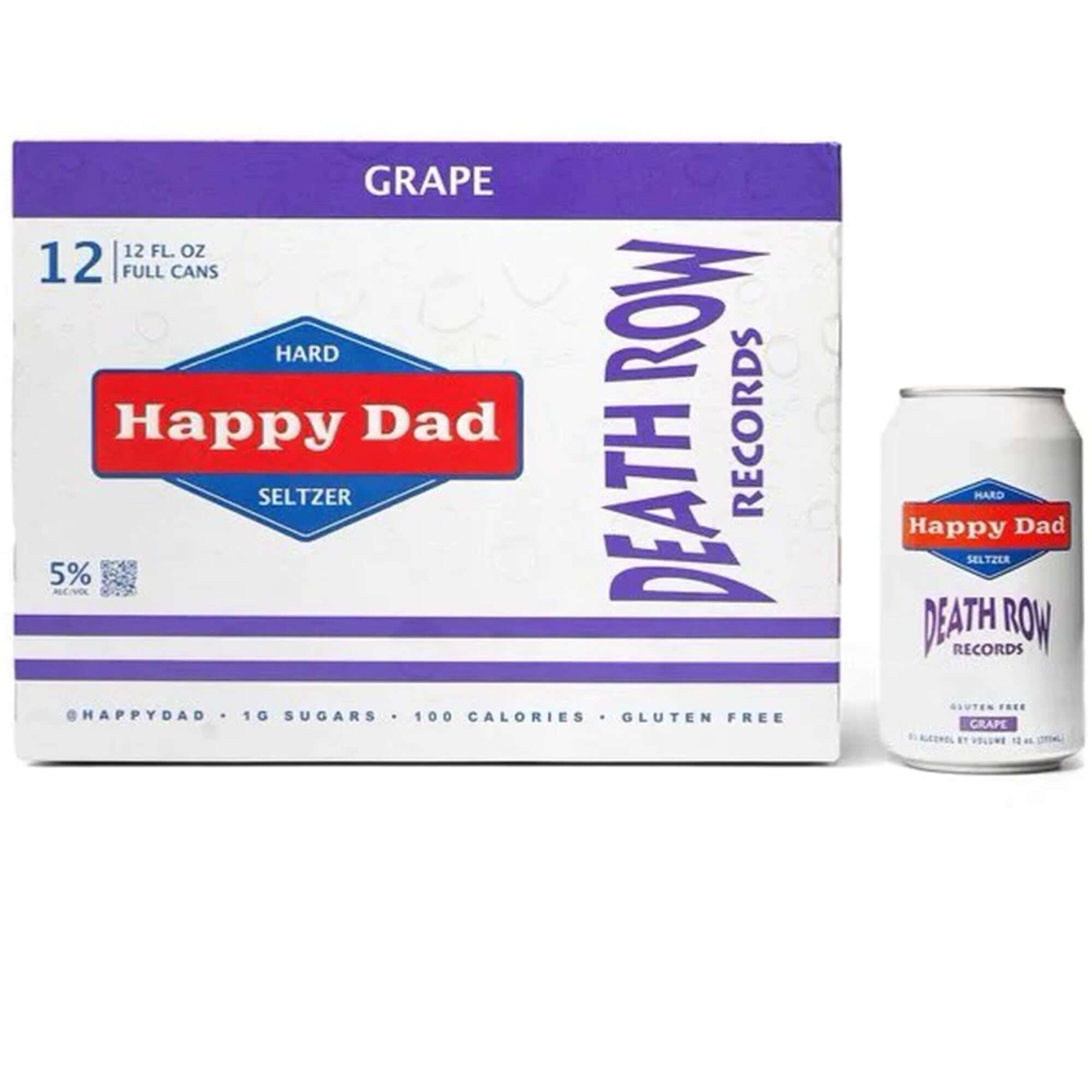 Happy Dad X Death Row Records grape hard seltzer 12 pack, featuring full cans and vibrant branding.