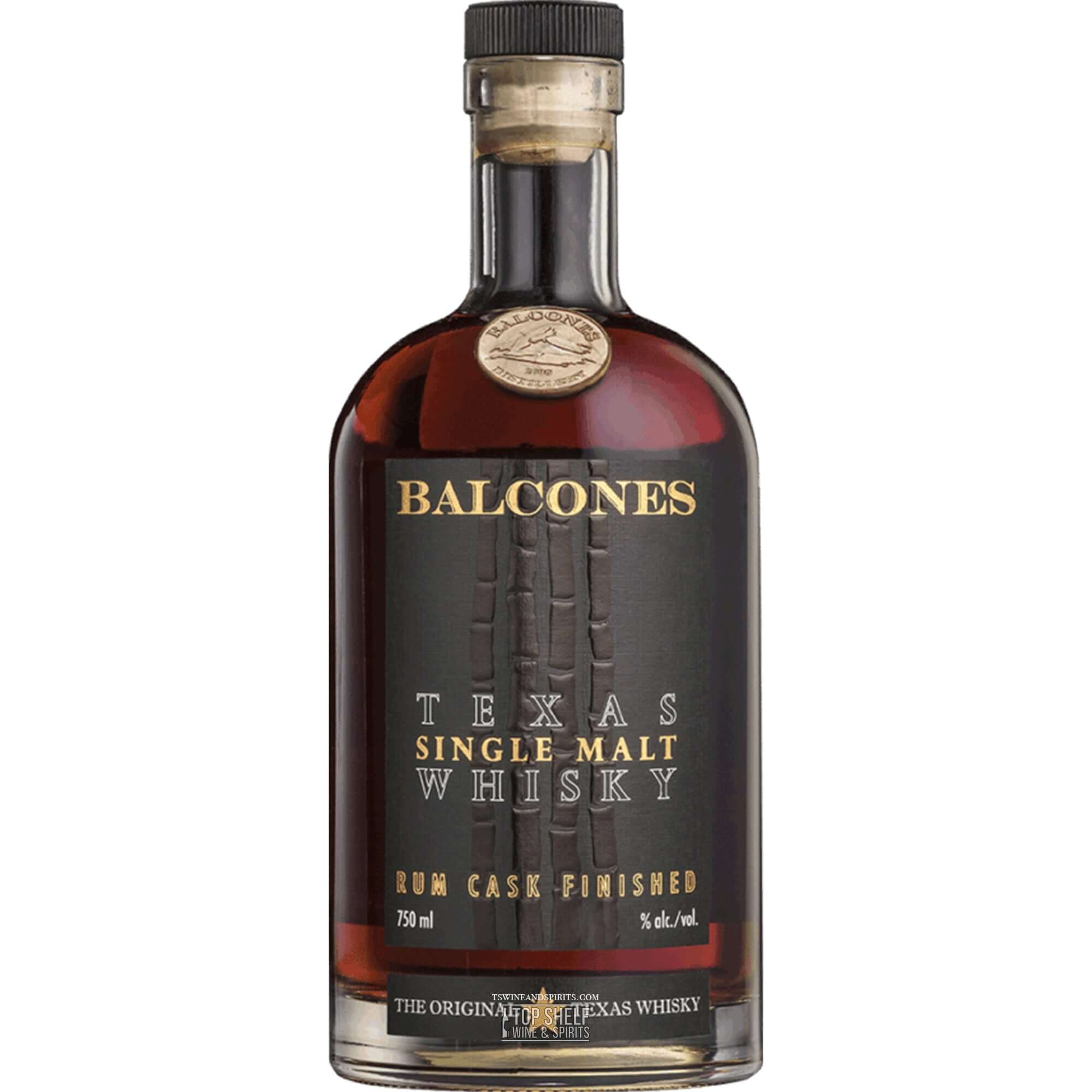 Balcones Rum Cask Finished Texas Single Malt Whisky bottle showcasing rich amber color and unique label design.