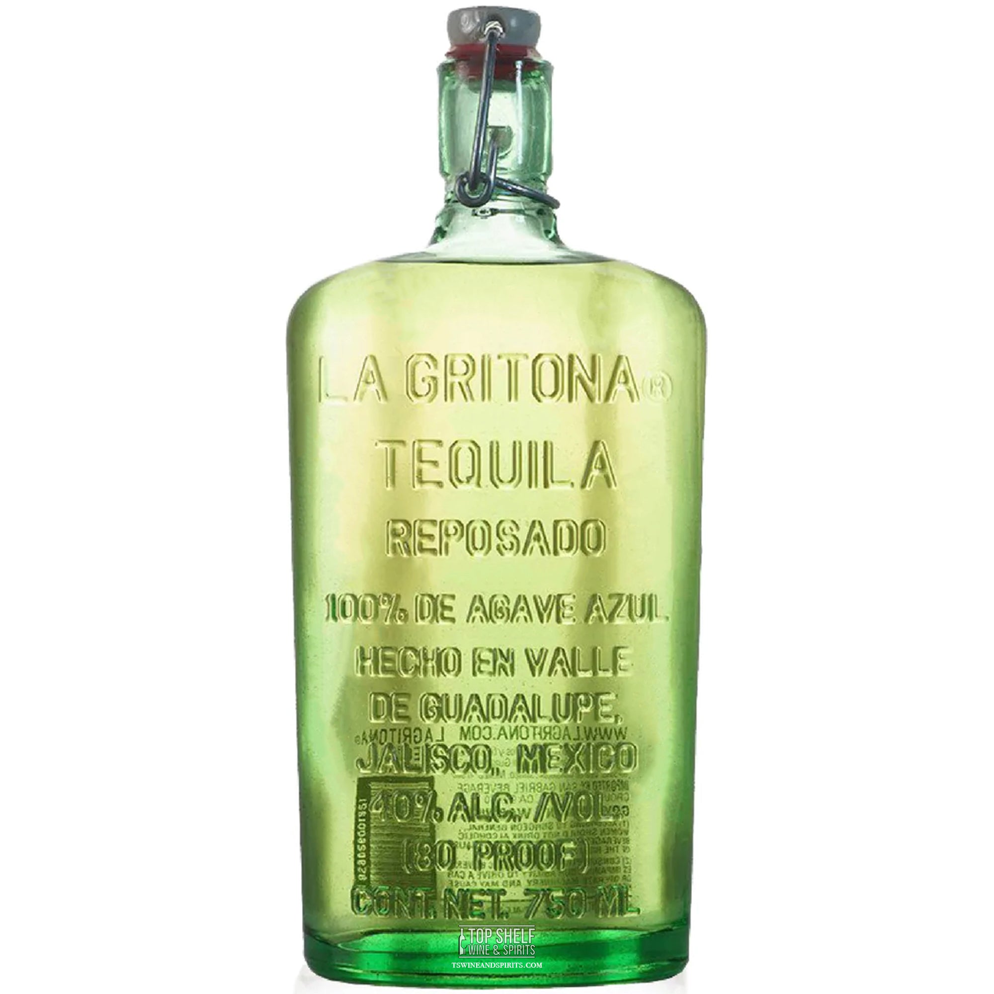 Bottle of La Gritona Reposado Tequila, 100% agave, crafted in Valle de Guadalupe, Jalisco, Mexico.