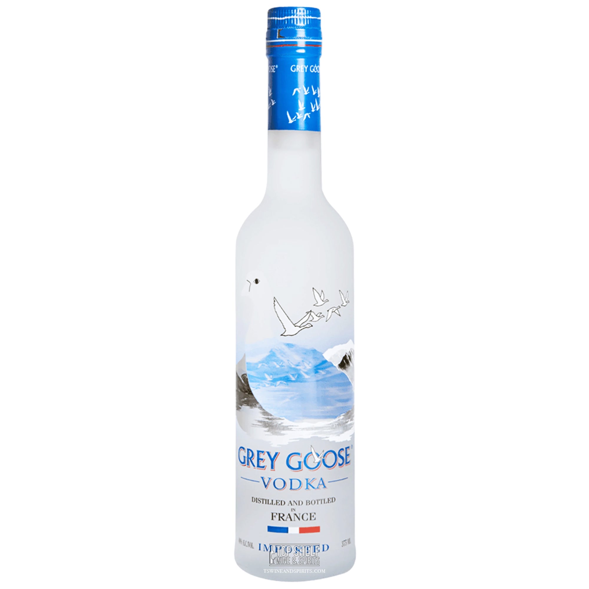 Grey Goose Vodka 375mL bottle with a white and blue label, showcasing its premium French ingredients.