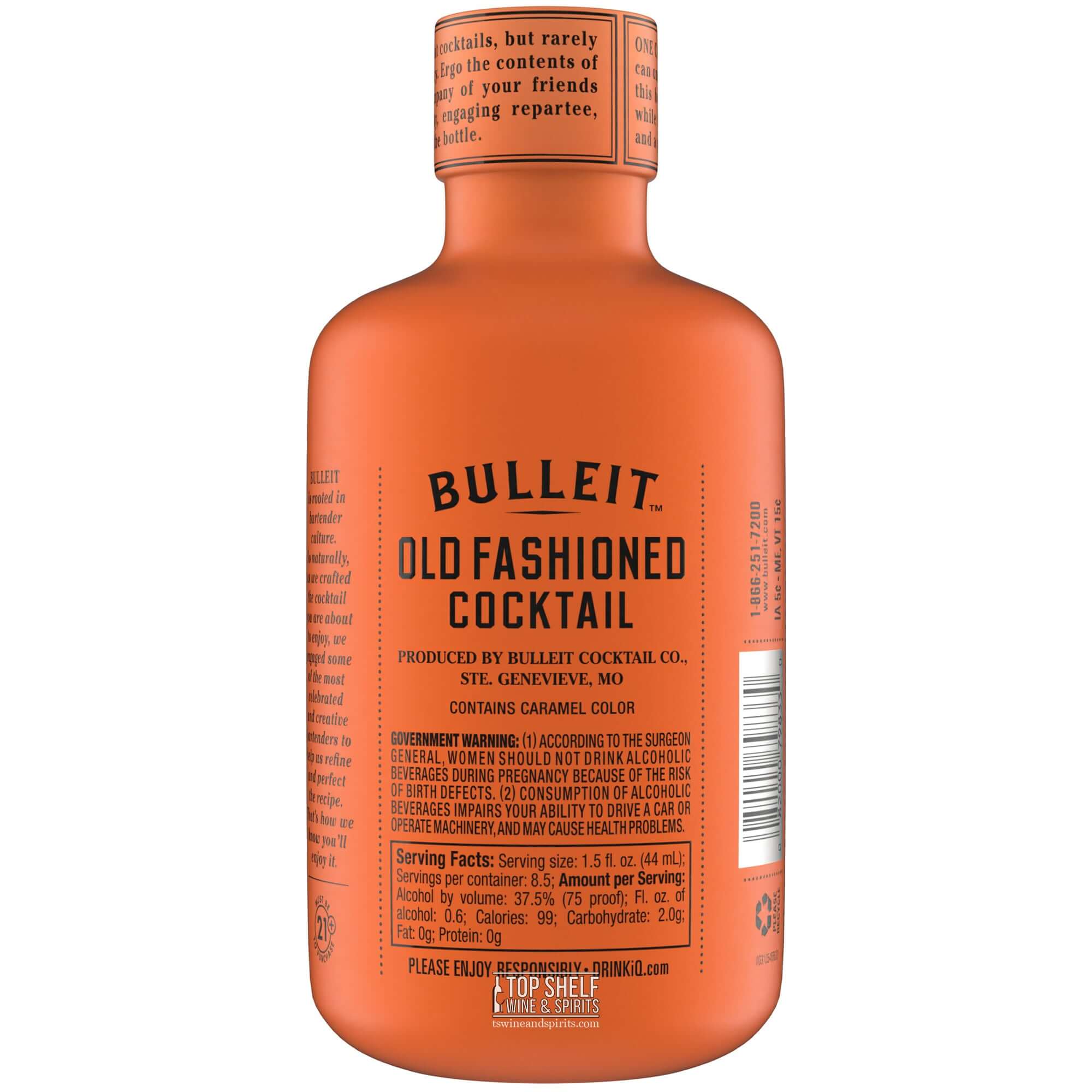 Bulleit Old Fashioned Cocktail 375mL bottle featuring its signature orange label and detailed back information.