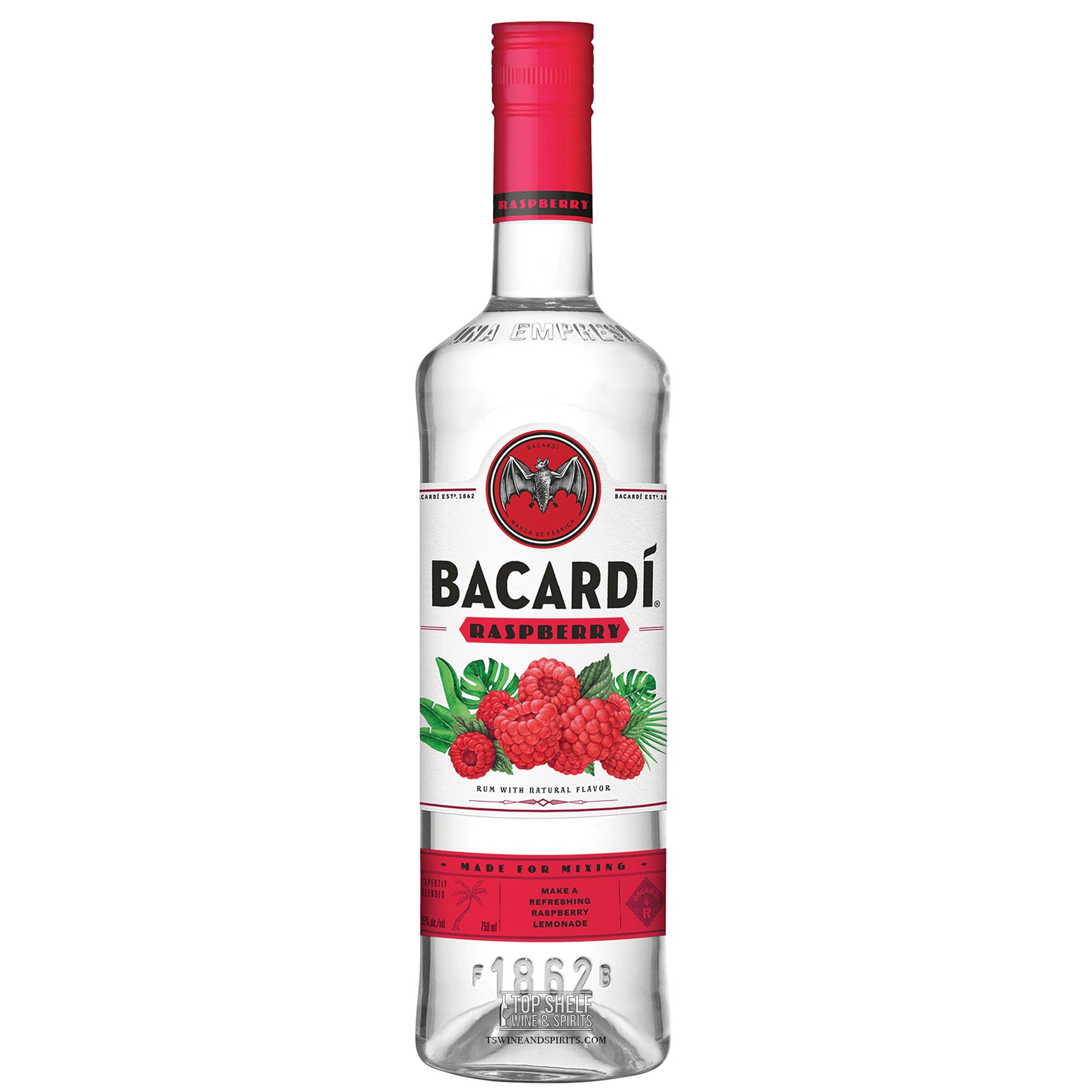 Bacardí Raspberry Rum bottle showcasing a crisp blend of white rum and raspberry flavors, 35% ABV.
