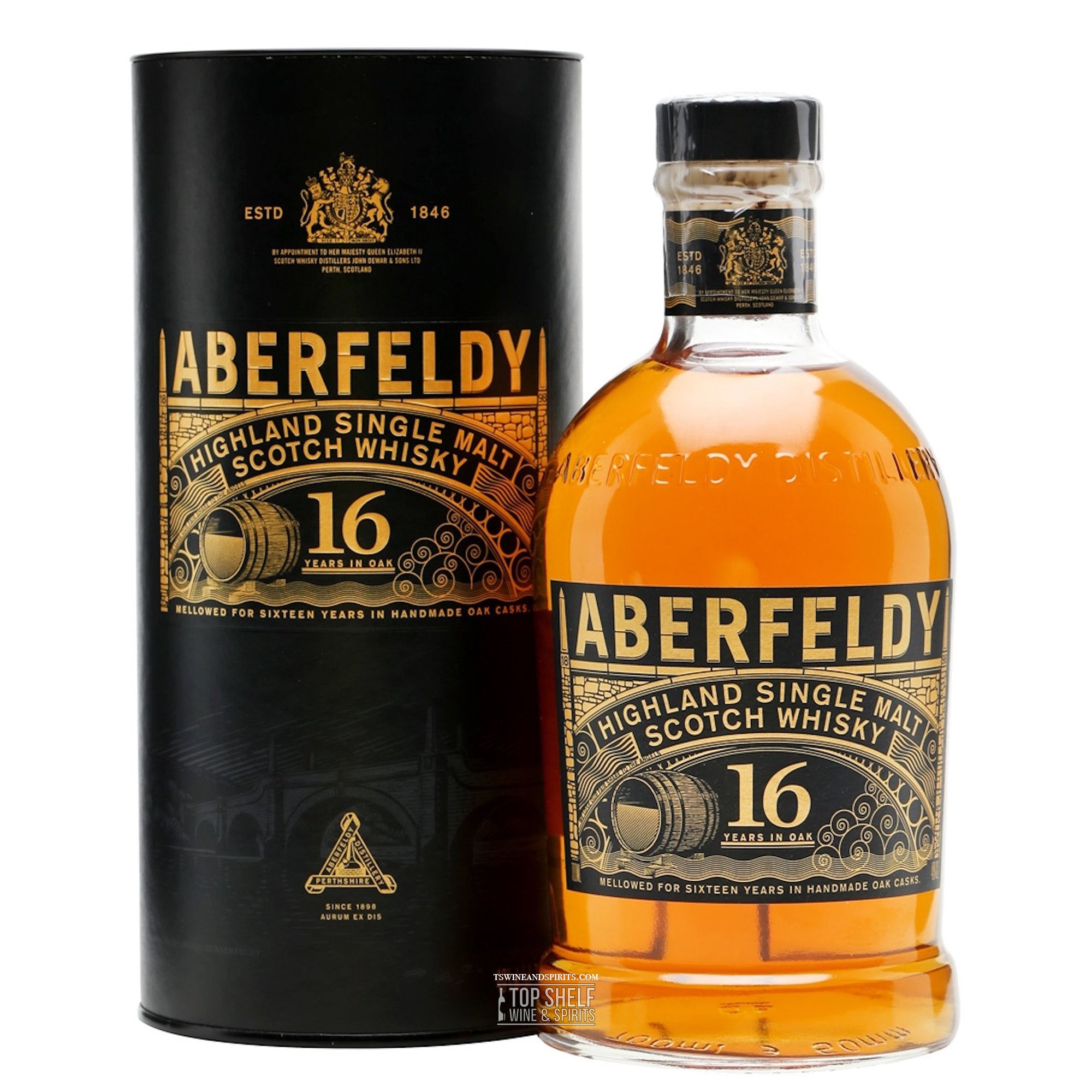 Aberfeldy 16 Year Single Malt Scotch Whisky bottle and packaging, showcasing its rich amber color and elegant design.