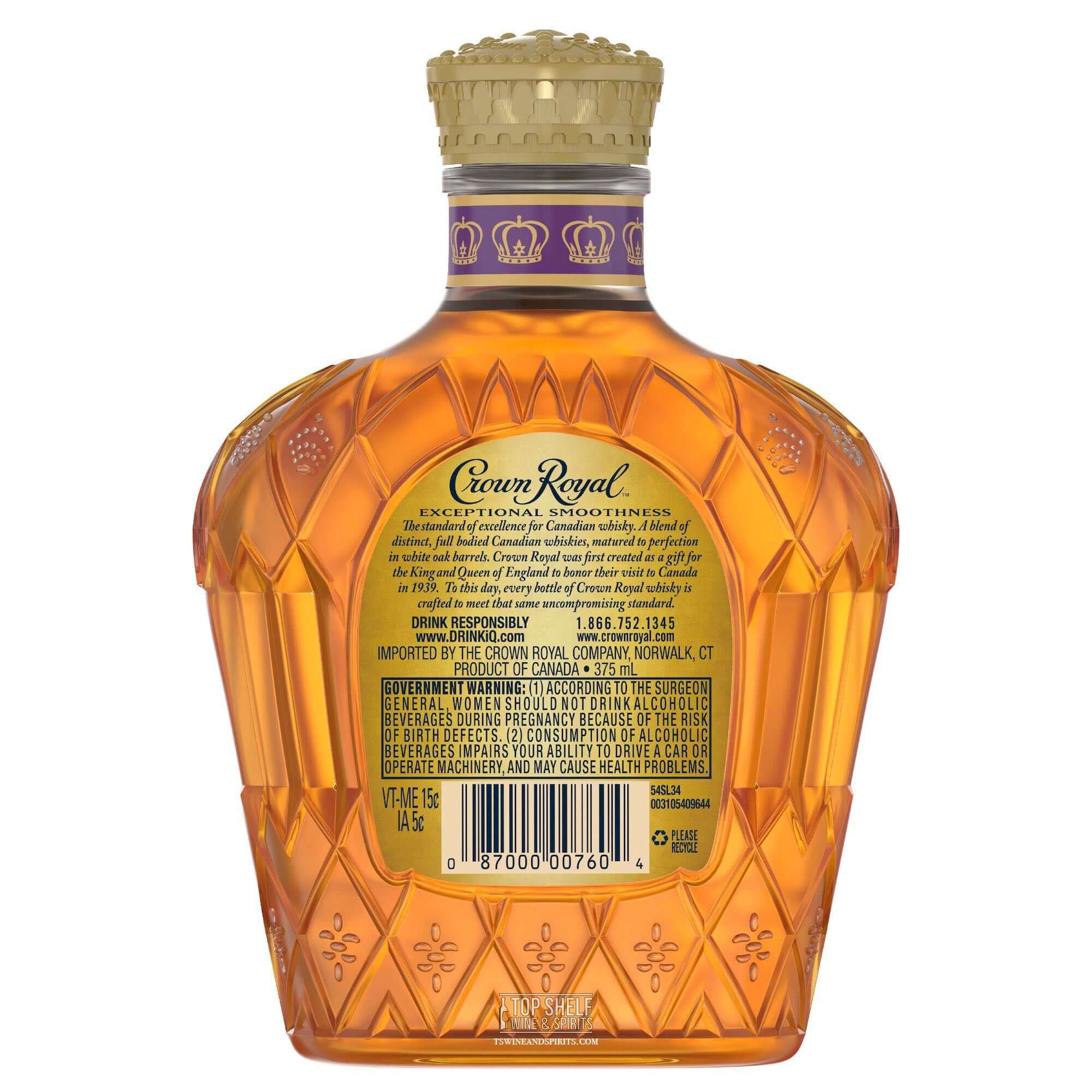 Crown Royal Canadian whisky bottle showcasing intricate design and back label details, 50ml sleeve.