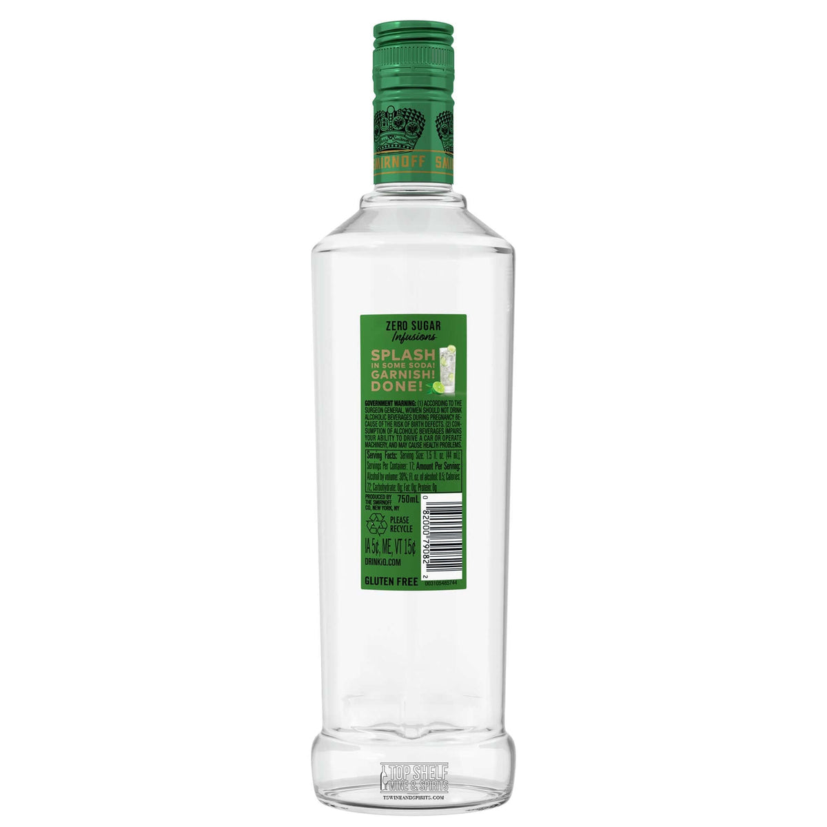 Smirnoff Zero Sugar Infusions Cucumber & Lime bottle, displaying bold green label, gluten-free, zero sugar, and garnish suggestions.