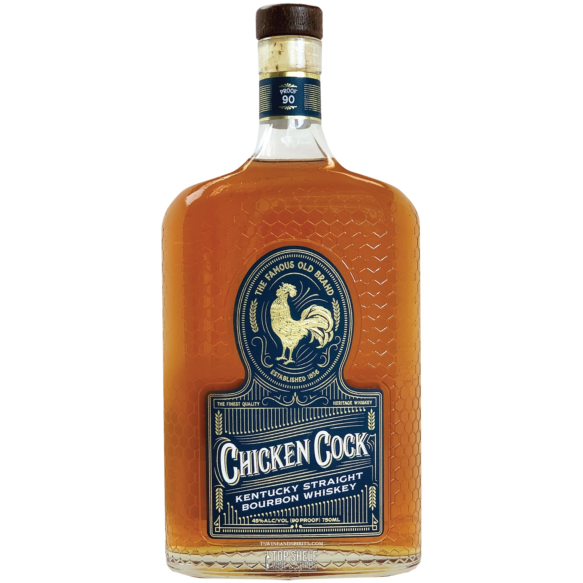 Bottle of Chicken Cock Kentucky Straight Bourbon Whiskey, showcasing its rich mahogany hue and elegant label.