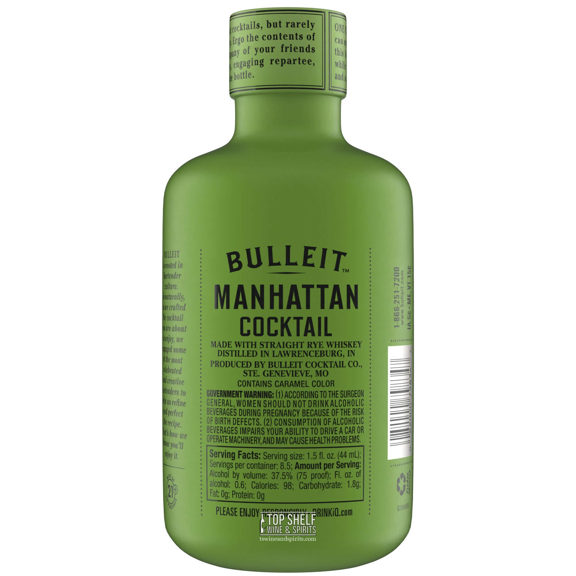 Bulleit Manhattan Cocktail 375mL bottle showcasing a ready-to-serve classic drink with rye whiskey and sweet vermouth.