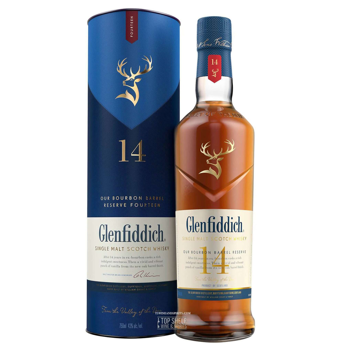 Glenfiddich 14 Year Bourbon Barrel Reserve whisky bottle and packaging, showcasing rich amber color and iconic branding.