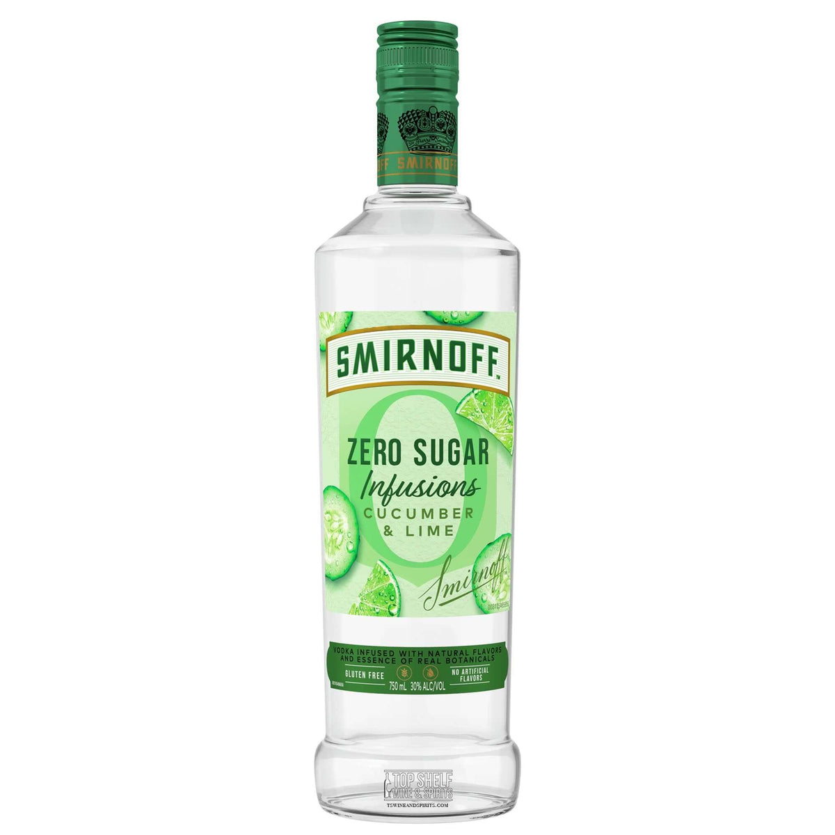 Smirnoff Zero Sugar Infusions Cucumber & Lime bottle with fresh cucumber and lime graphics, 2020 award-winning spirit.