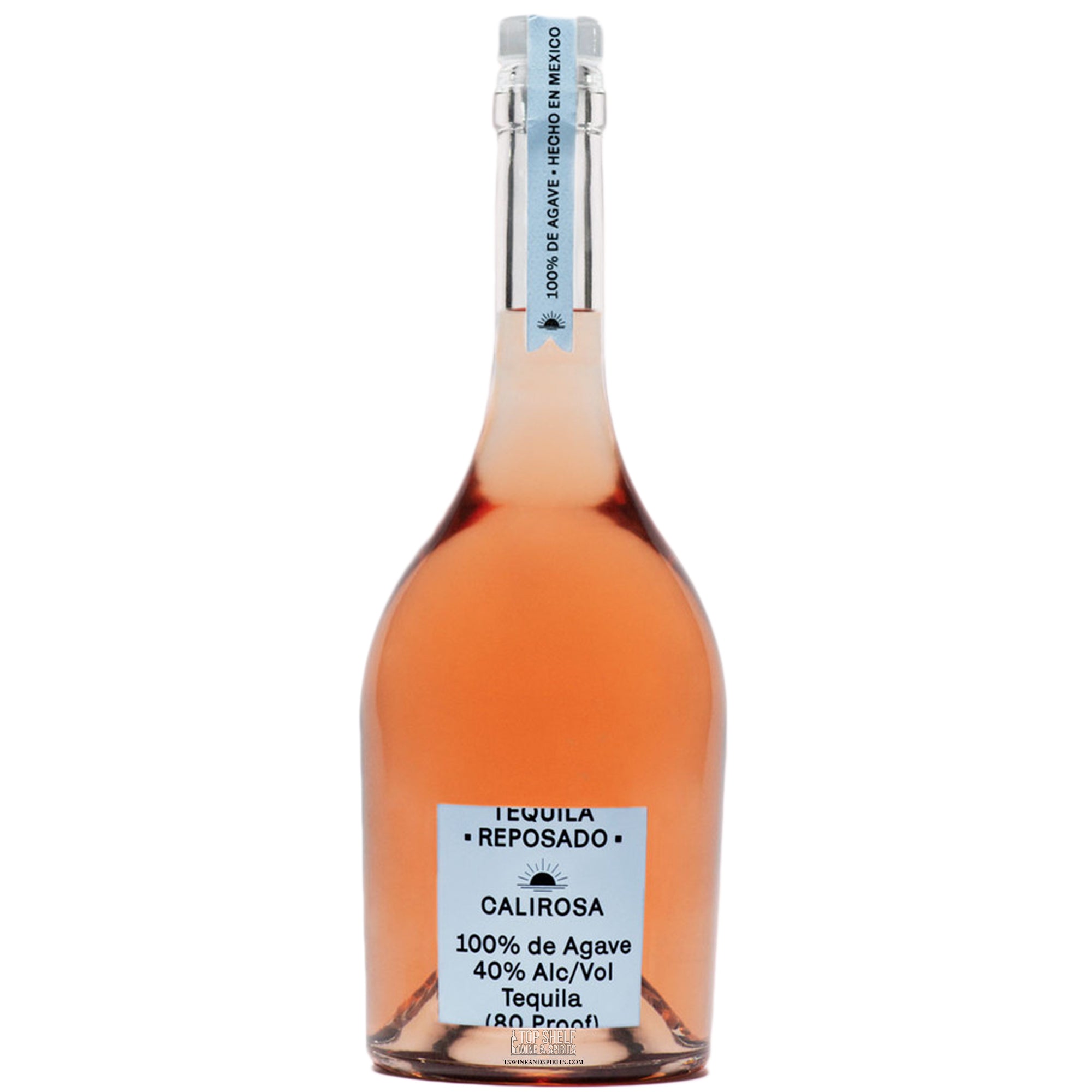 Calirosa Reposado Tequila bottle showcasing its signature rosa hue and 100% blue agave ingredient.