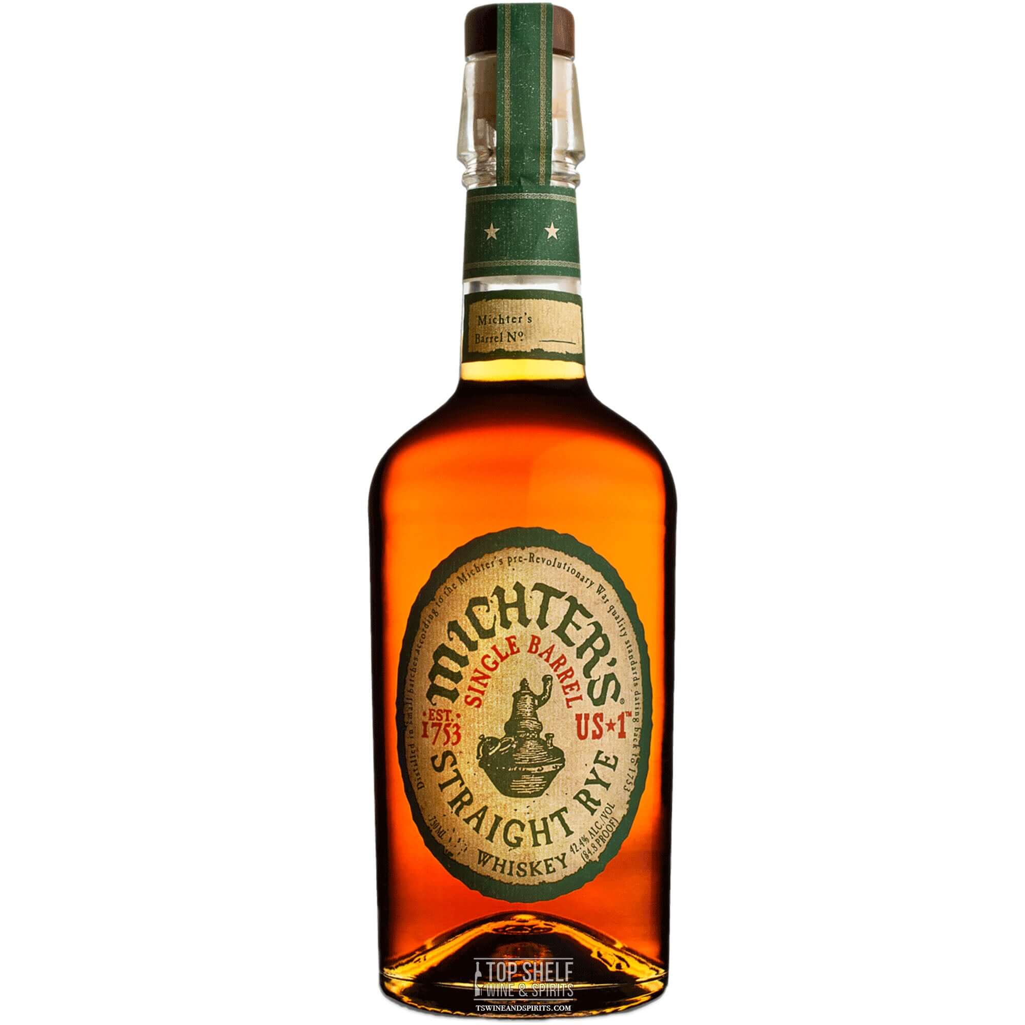 Michter's Single Barrel Straight Rye whiskey bottle showcasing rich amber color and distinctive label design.