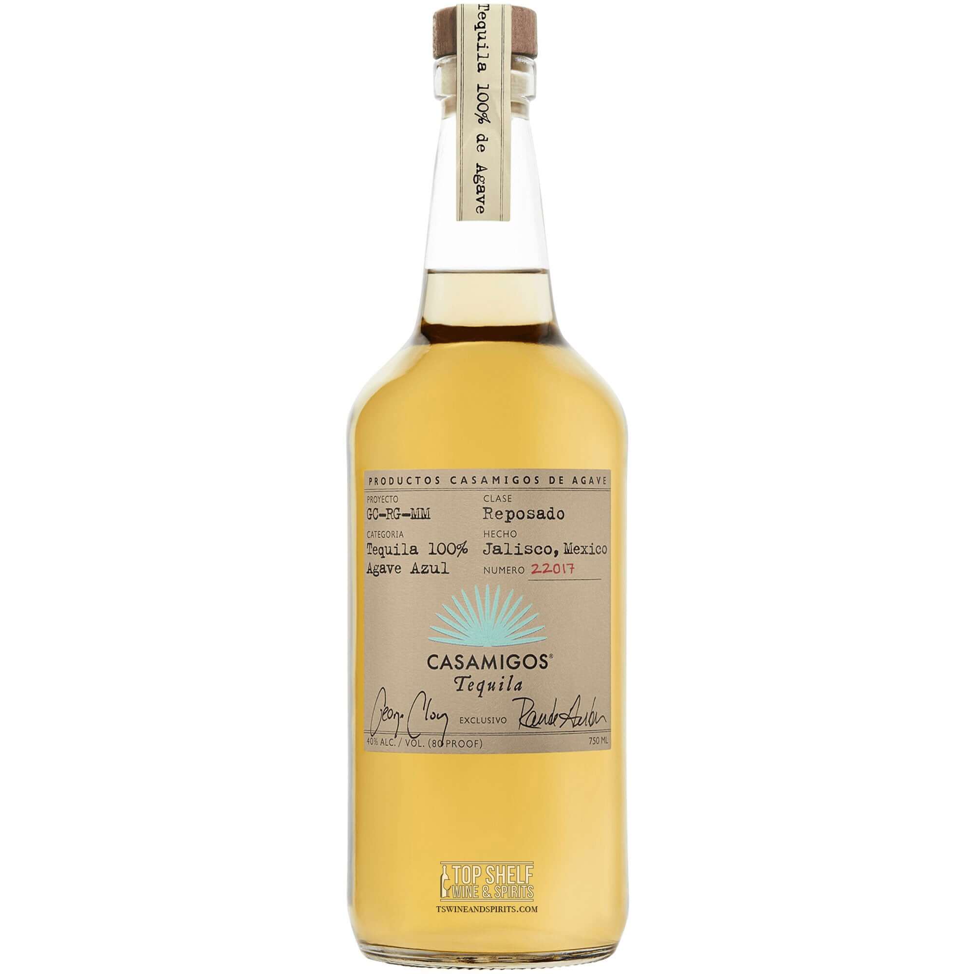 Casamigos Reposado Tequila bottle, made from 100% Blue Weber agave, aged in Jalisco, Mexico.