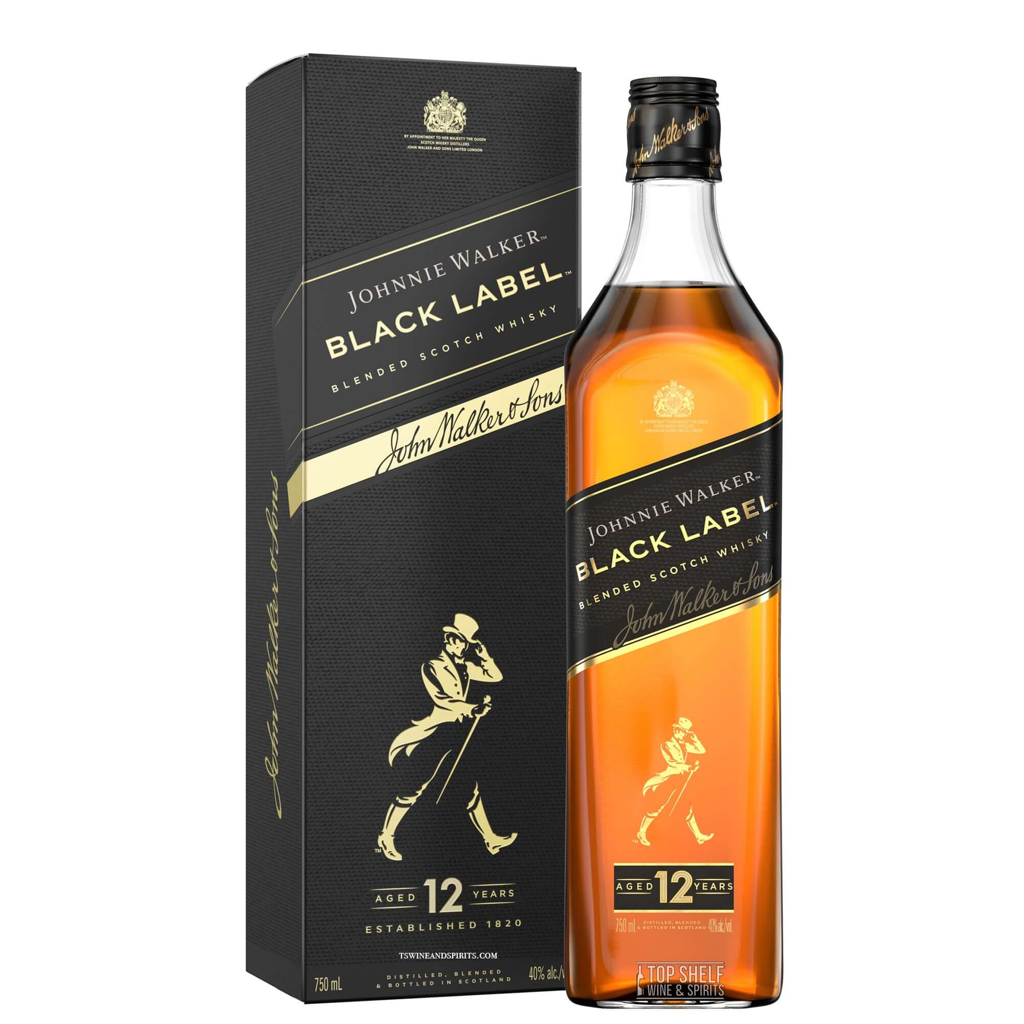 Johnnie Walker Black Label blended Scotch whisky bottle in packaging, aged 12 years, smooth character.
