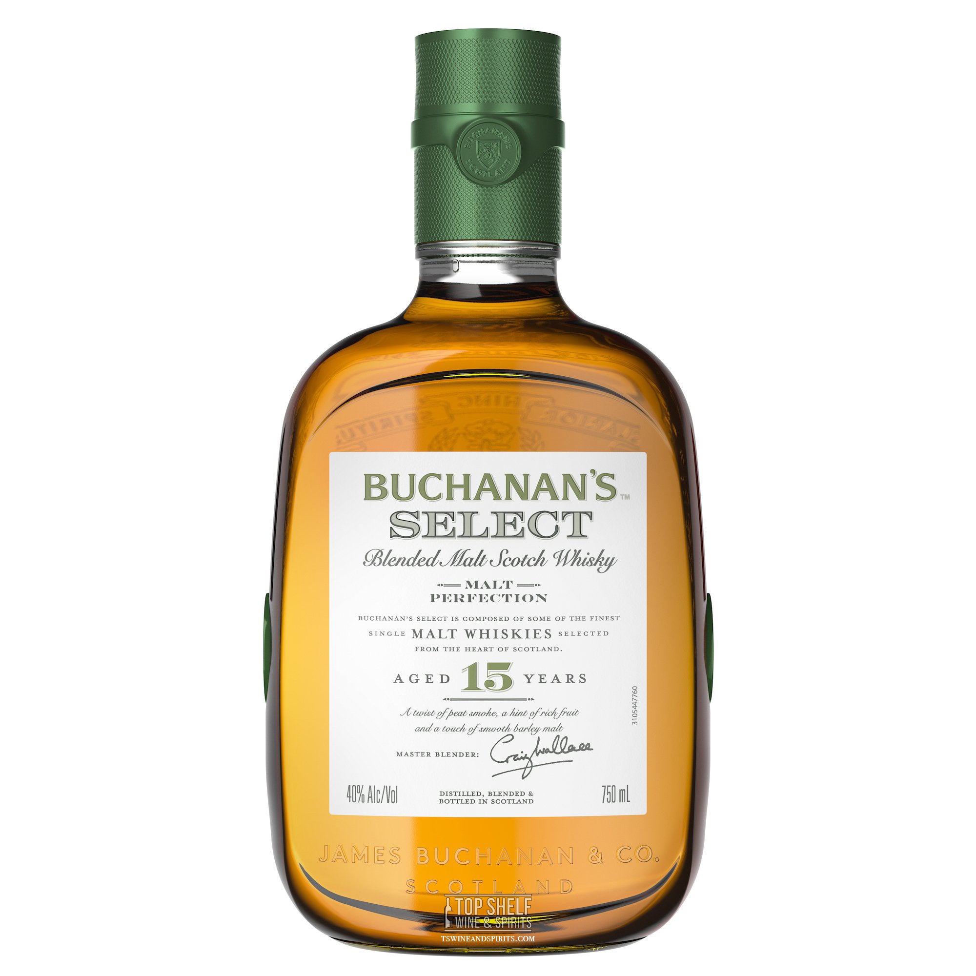 Buchanan's Select 15 Year Blended Malt Scotch Whisky bottle with green cap, showcasing its amber color and elegant label.