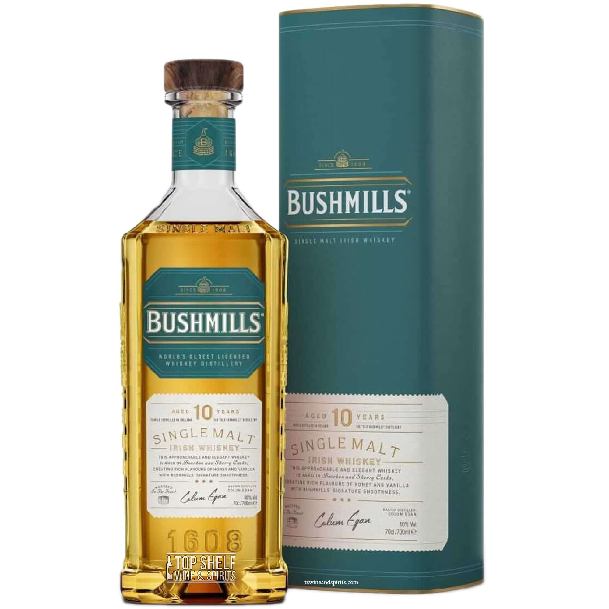 Bushmills 10 Year Single Malt Whiskey bottle and packaging, showcasing its rich honey and vanilla aromas.