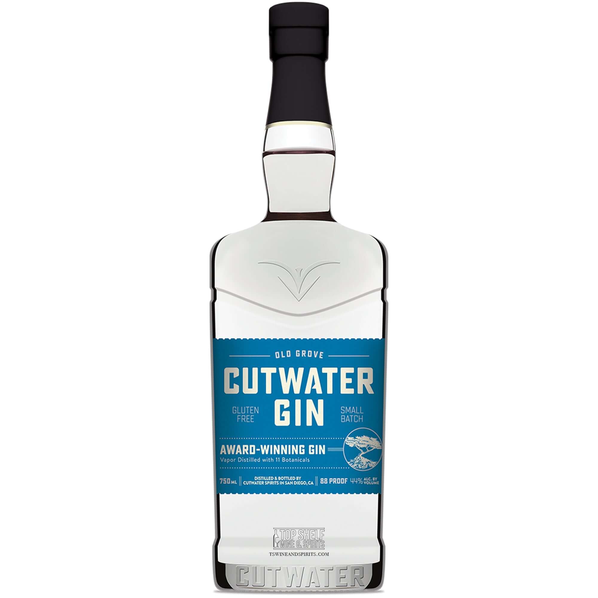 Cutwater Old Grove Small Batch Gin bottle featuring award-winning gin label and gluten-free description.