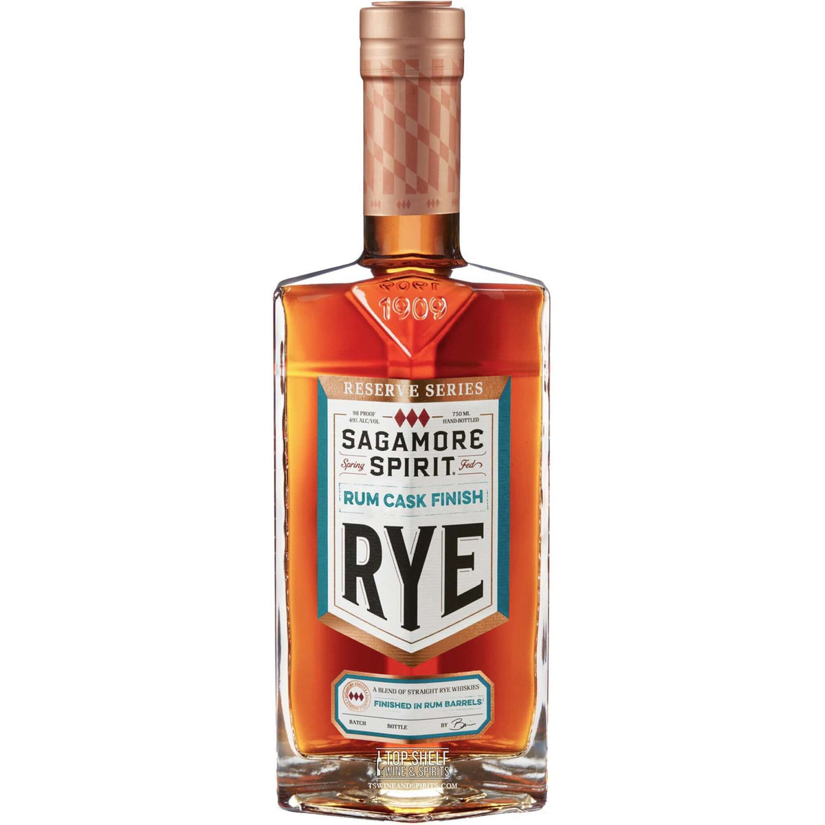 Sagamore Rye Rum Cask Finish Whiskey bottle showcasing its unique design and rich amber color.