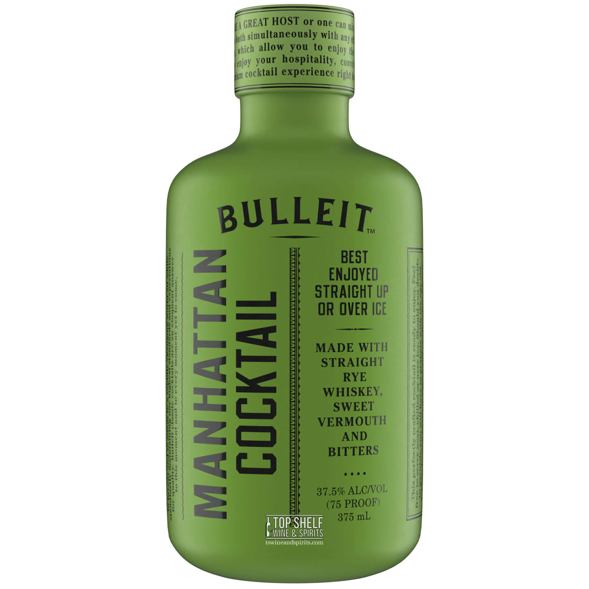 Bulleit Manhattan Cocktail 375mL bottle showcasing cocktail ingredients and serving suggestions.