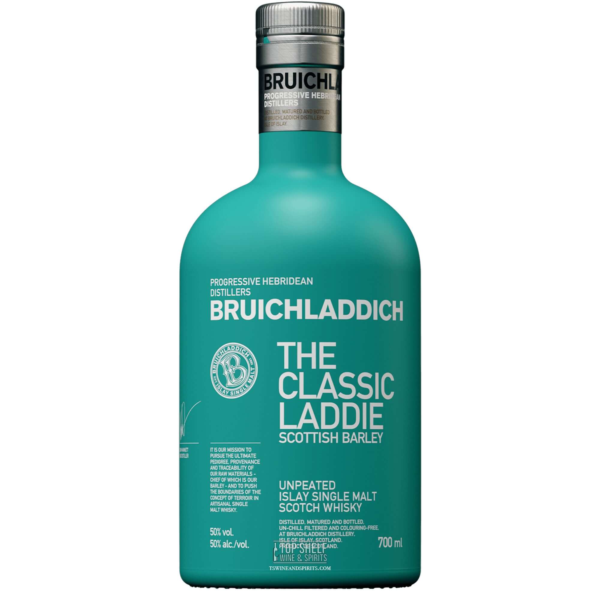 Bruichladdich The Classic Laddie Scottish Barley bottle, unpeated Islay single malt Scotch whisky, 700ml.
